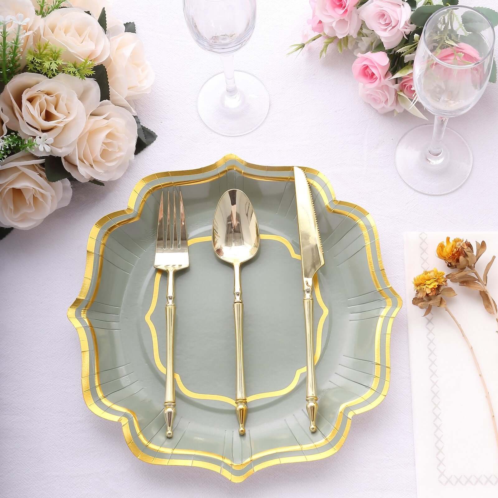 25-Pack Paper Dinner Plates 10" Sage Green with Gold Scallop Rim - 300GSM Disposable Party Plates - Image 9