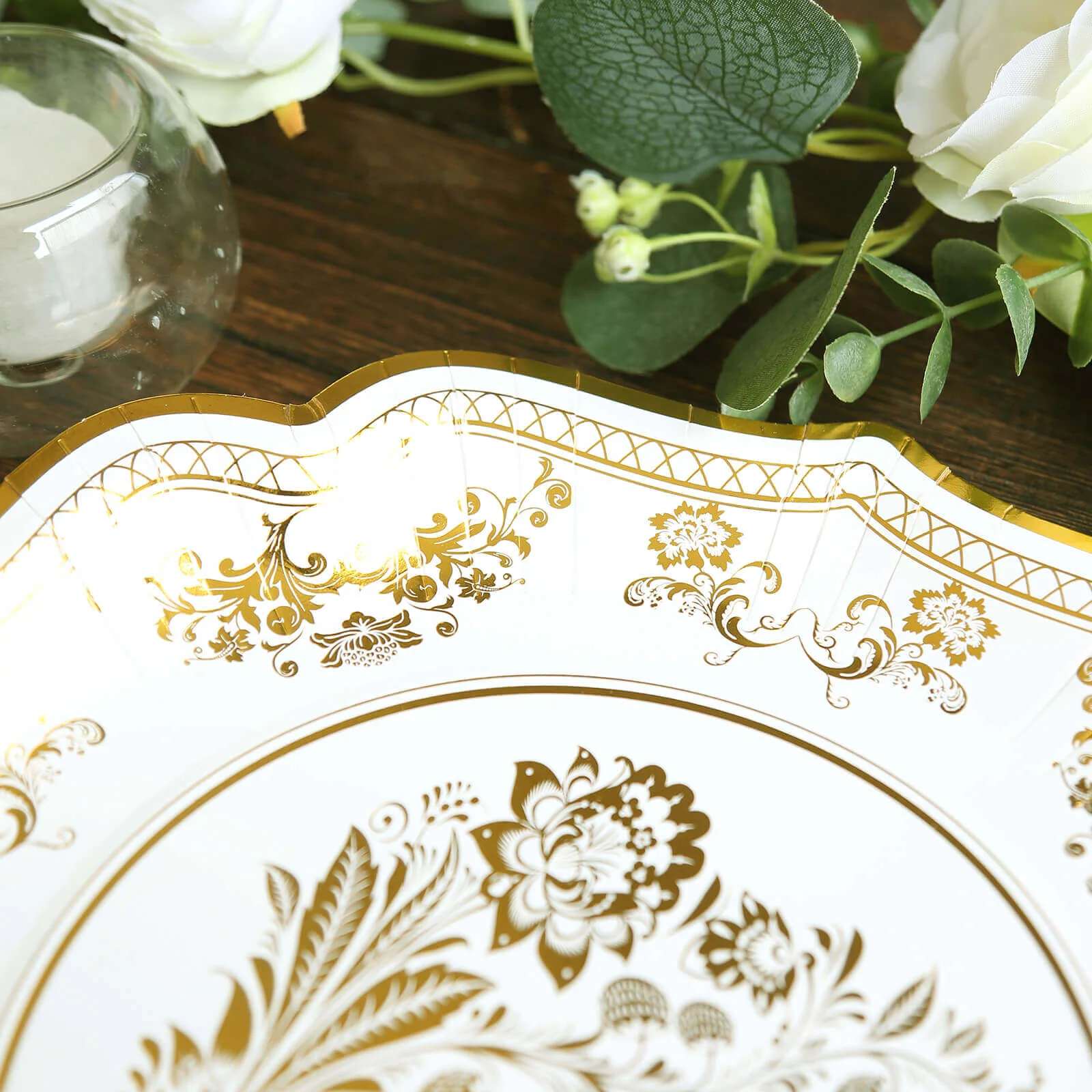 25-Pack Paper Dinner Plates 10" White Gold Damask Floral Print & Scallop Rim - 300GSM Disposable Floral Party Plates - Image 10