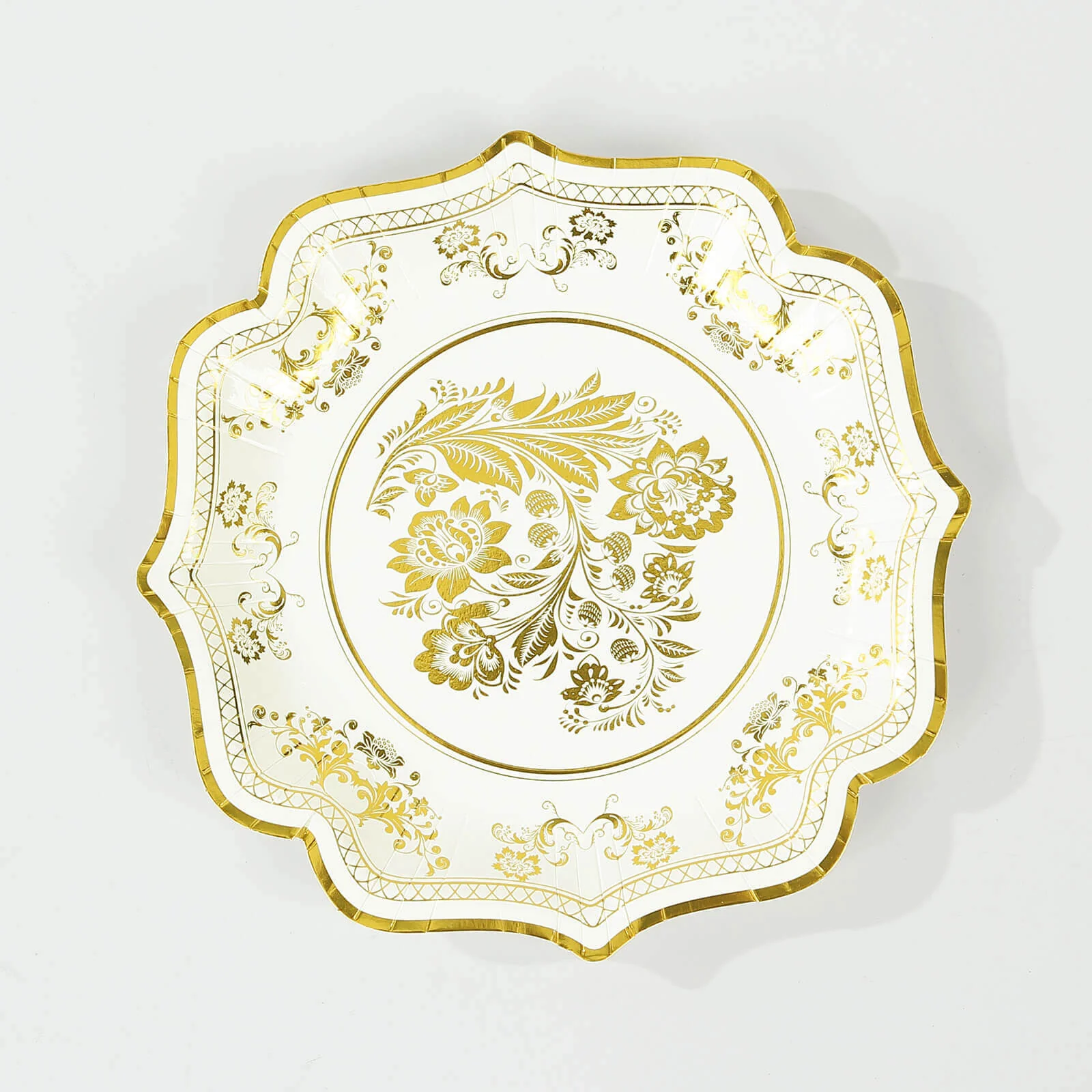 25-Pack Paper Dinner Plates 10" White Gold Damask Floral Print & Scallop Rim - 300GSM Disposable Floral Party Plates - Image 11