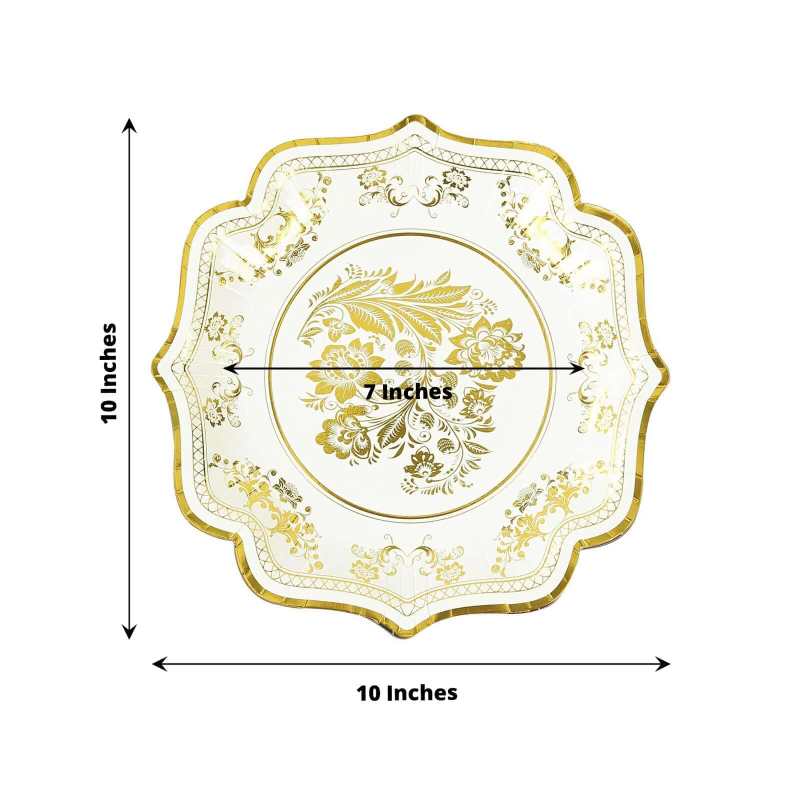 25-Pack Paper Dinner Plates 10" White Gold Damask Floral Print & Scallop Rim - 300GSM Disposable Floral Party Plates - Image 3