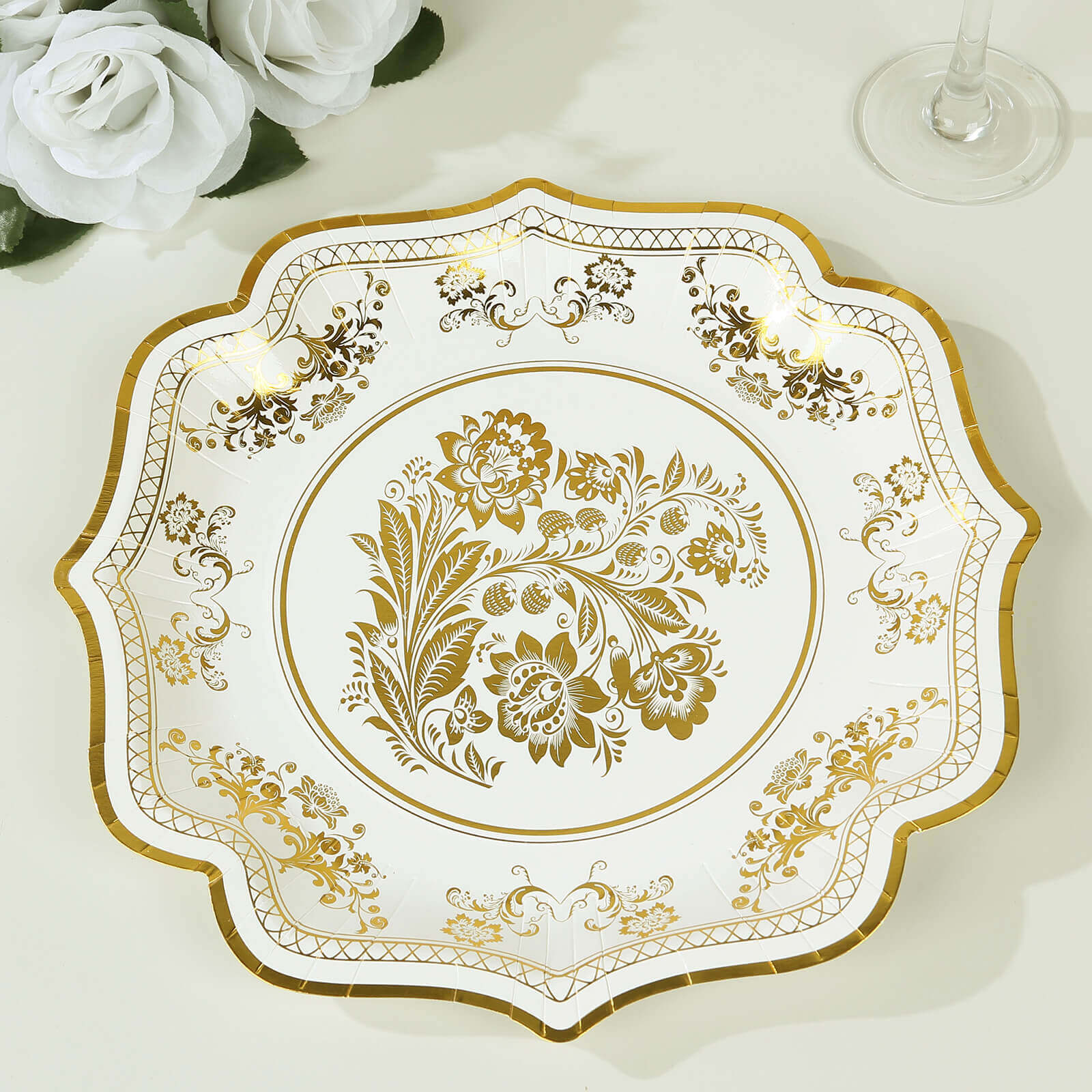 25-Pack Paper Dinner Plates 10" White Gold Damask Floral Print & Scallop Rim - 300GSM Disposable Floral Party Plates - Image 4