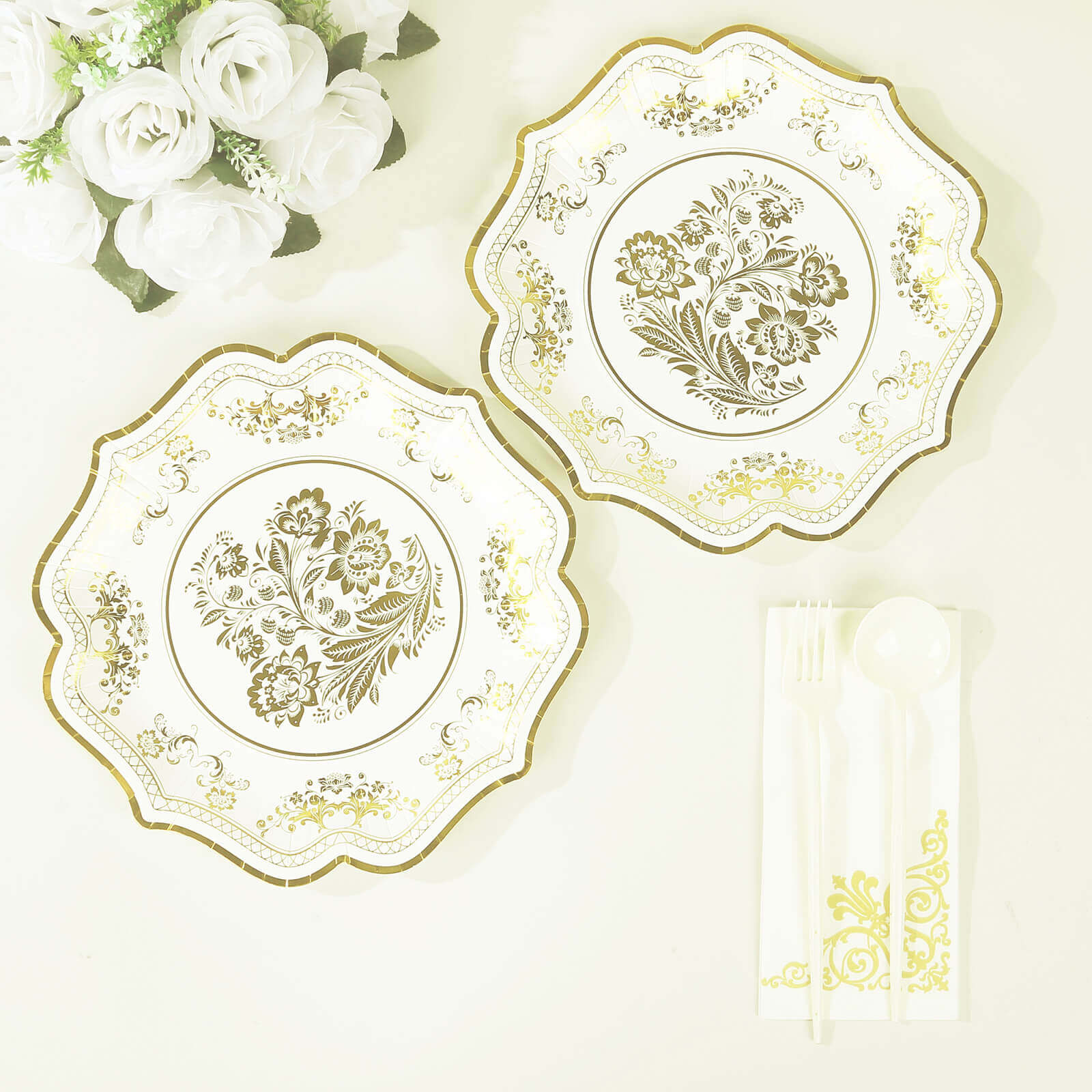 25-Pack Paper Dinner Plates 10" White Gold Damask Floral Print & Scallop Rim - 300GSM Disposable Floral Party Plates - Image 6