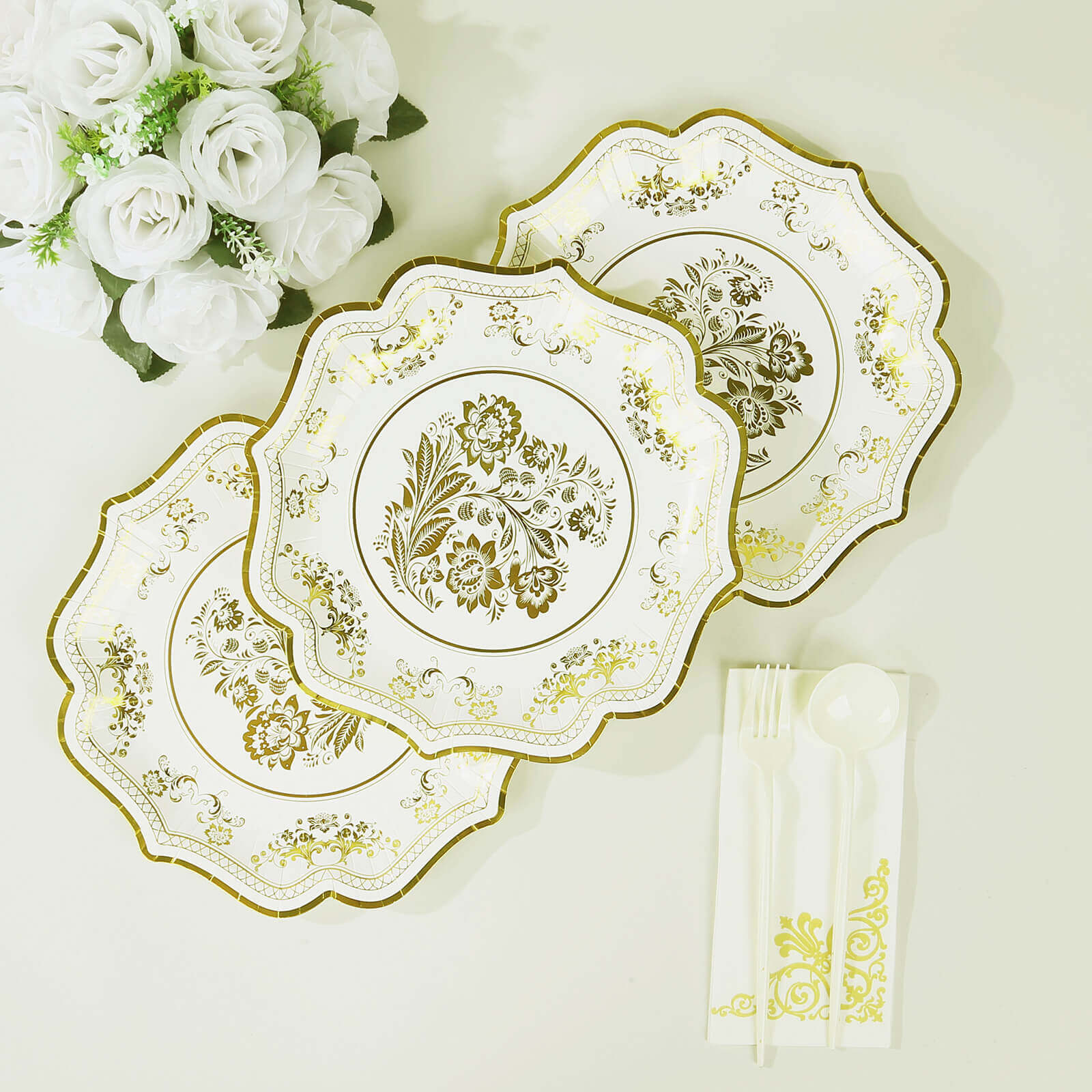 25-Pack Paper Dinner Plates 10" White Gold Damask Floral Print & Scallop Rim - 300GSM Disposable Floral Party Plates - Image 8