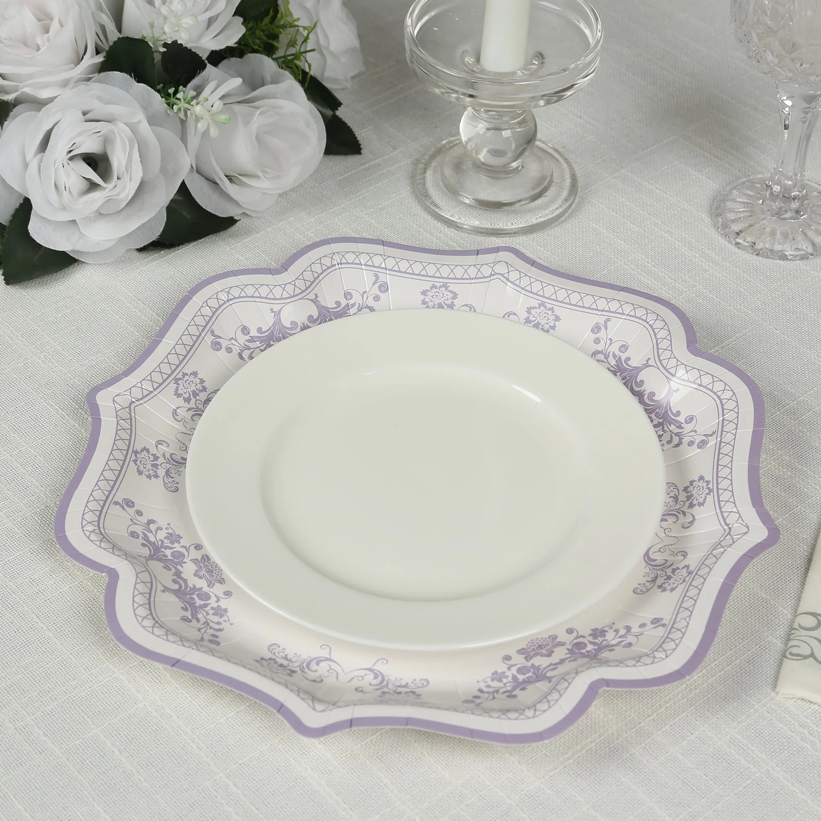 25-Pack Paper Dinner Plates 10" White Lavender Lilac Damask Floral Print & Scallop Rim - 300GSM Disposable Floral Party Plates - Image 10