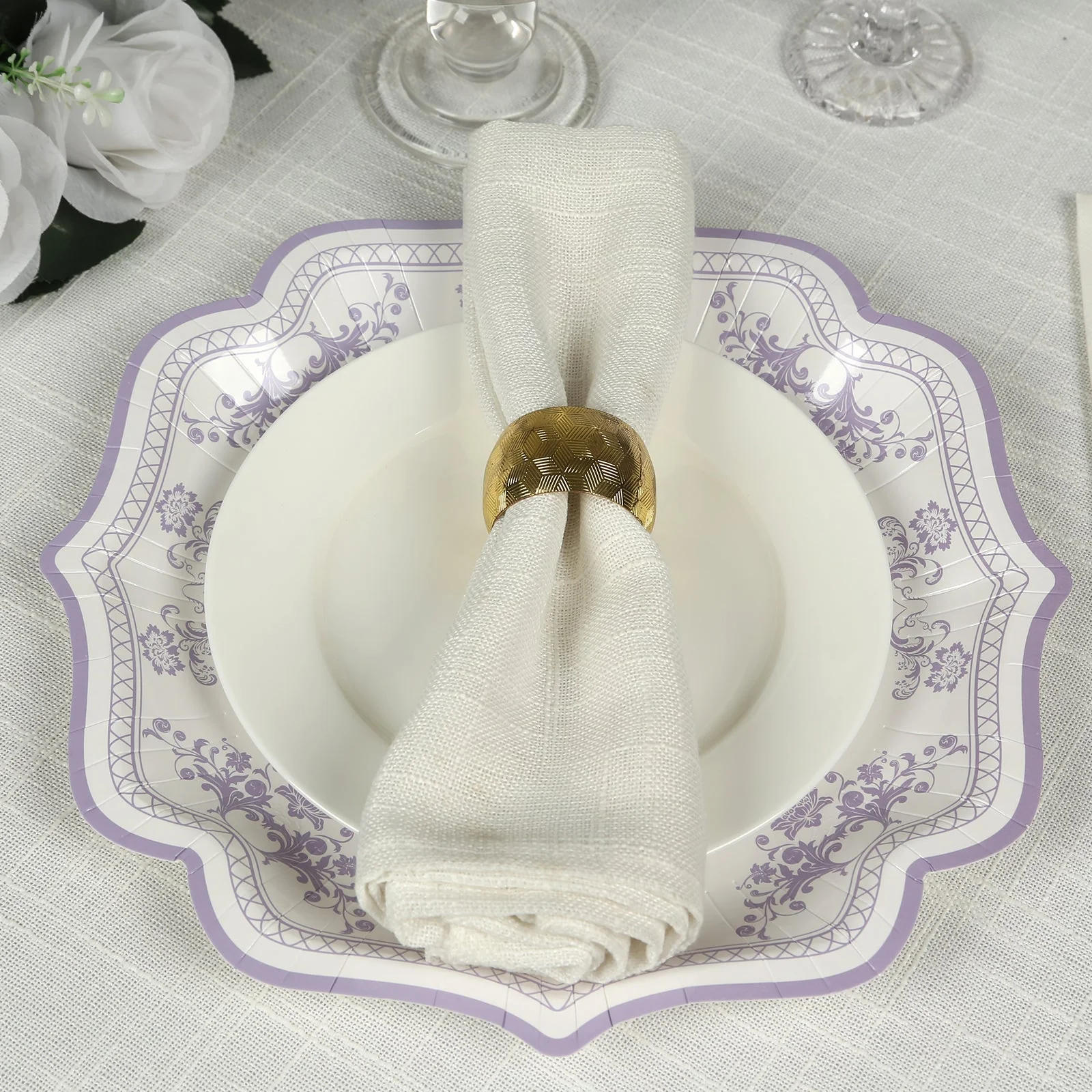 25-Pack Paper Dinner Plates 10" White Lavender Lilac Damask Floral Print & Scallop Rim - 300GSM Disposable Floral Party Plates - Image 3