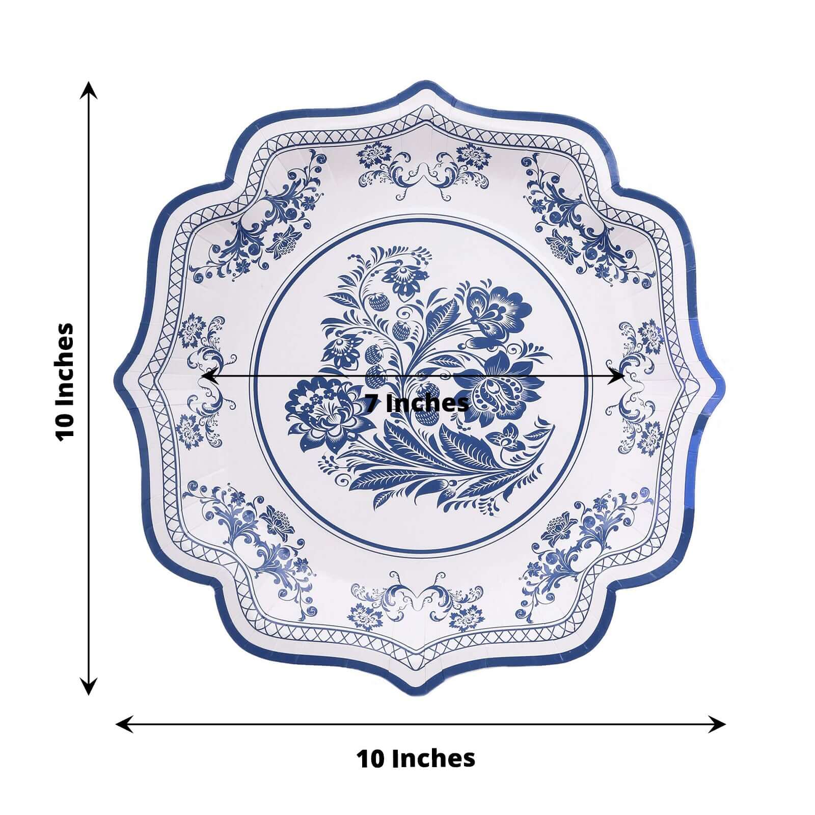 25-Pack Paper Dinner Plates 10" White Light Blue Damask Floral Print & Scallop Rim - 300GSM Disposable Floral Party Plates - Image 3