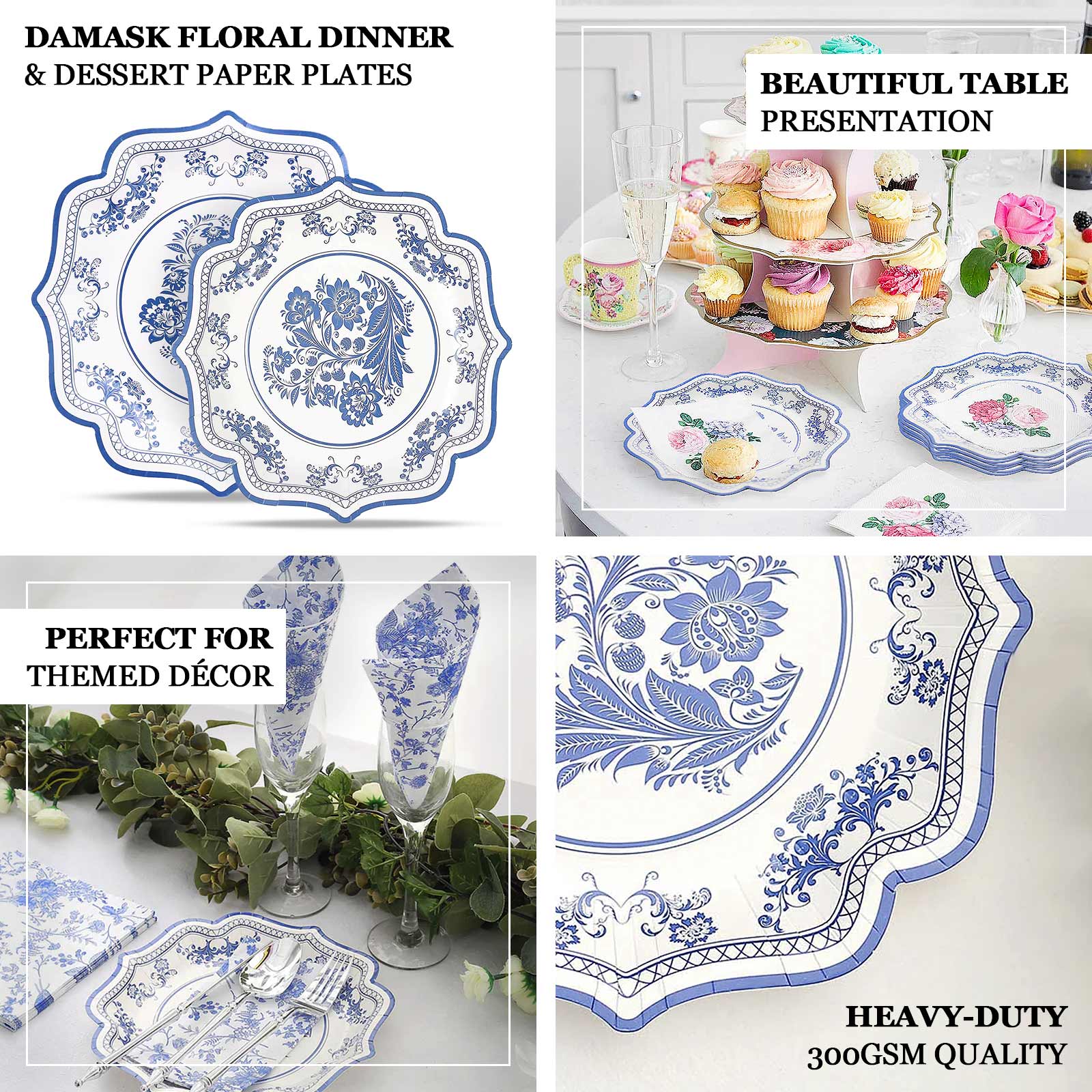 25-Pack Paper Dinner Plates 10" White Light Blue Damask Floral Print & Scallop Rim - 300GSM Disposable Floral Party Plates - Image 4