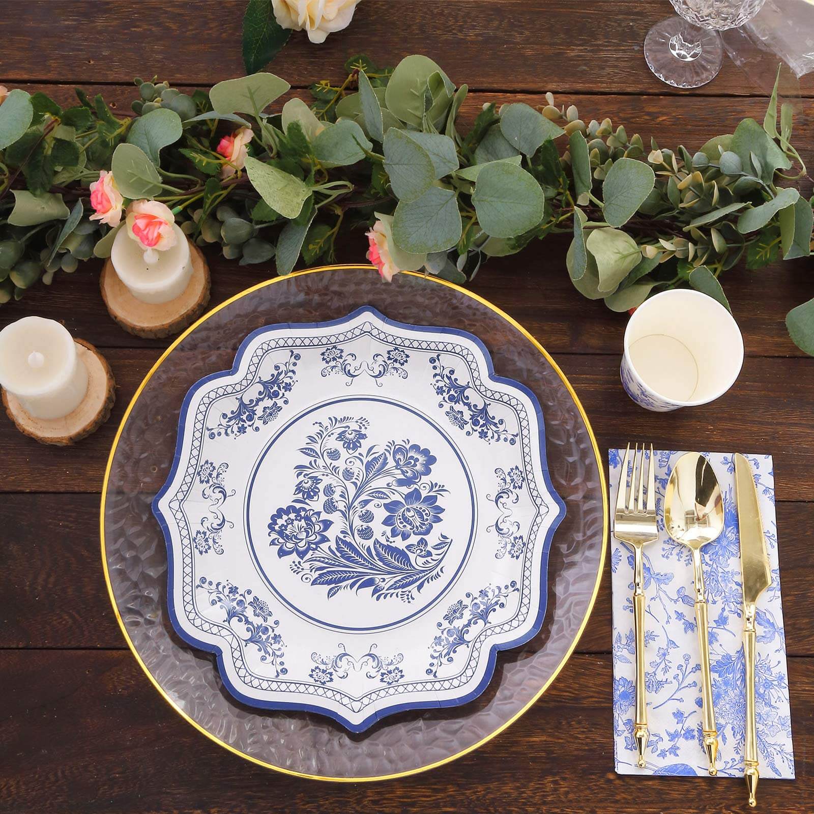 25-Pack Paper Dinner Plates 10" White Light Blue Damask Floral Print & Scallop Rim - 300GSM Disposable Floral Party Plates - Image 9