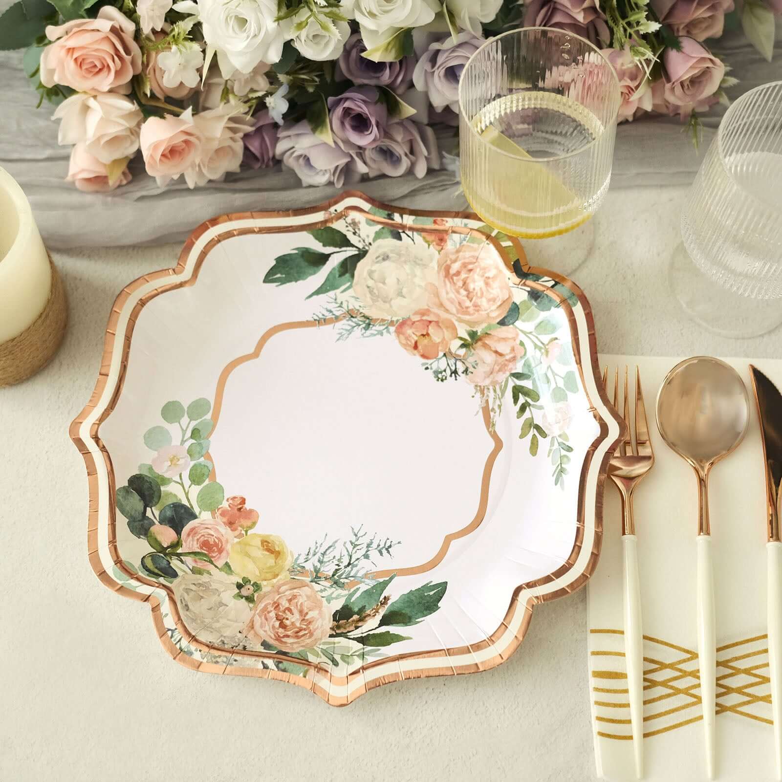25-Pack Paper Dinner Plates 10" White with Floral Print & Rose Gold Scallop Rim - 300GSM Disposable Party Plates