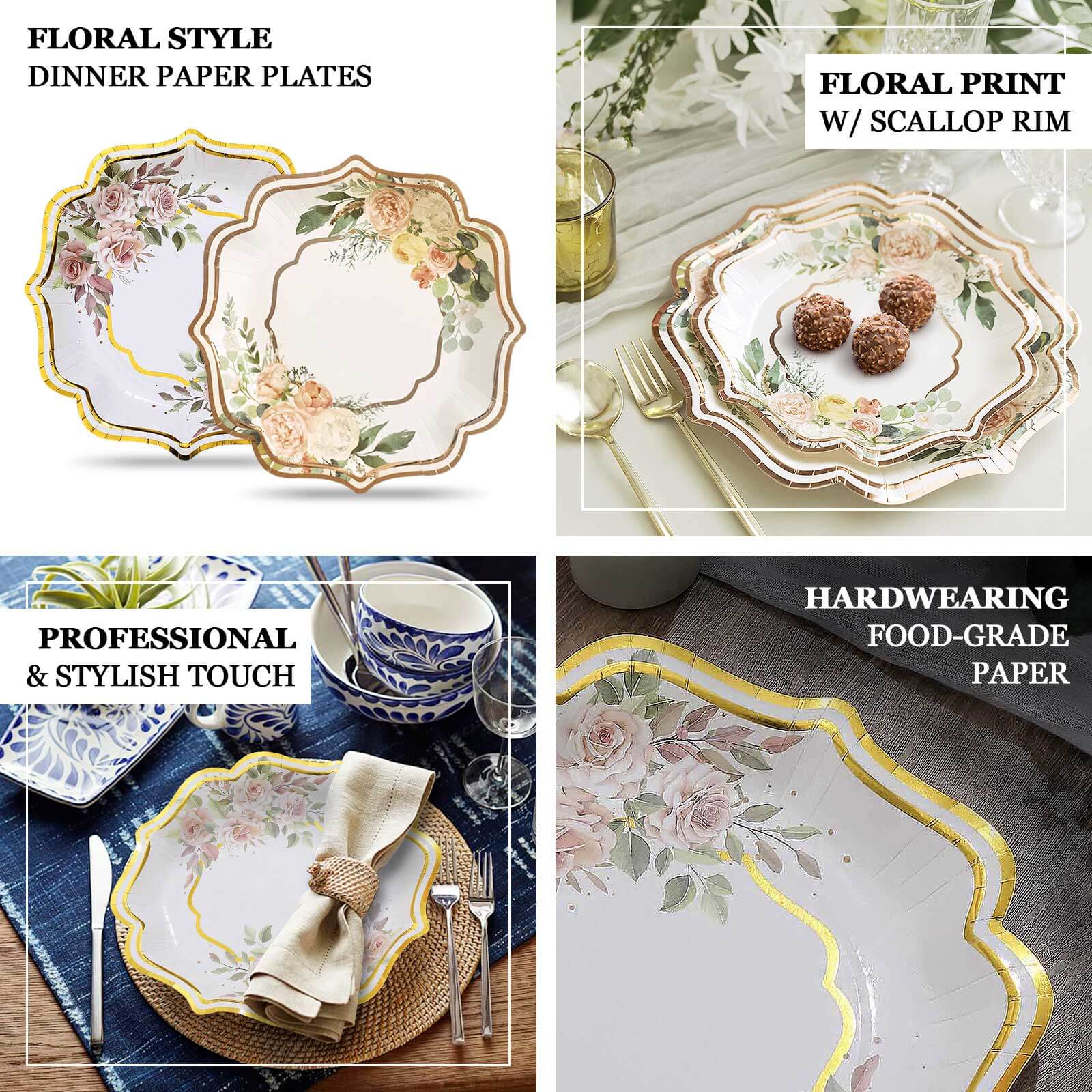 25-Pack Paper Dinner Plates 10" White with Floral Print & Rose Gold Scallop Rim - 300GSM Disposable Party Plates - Image 4