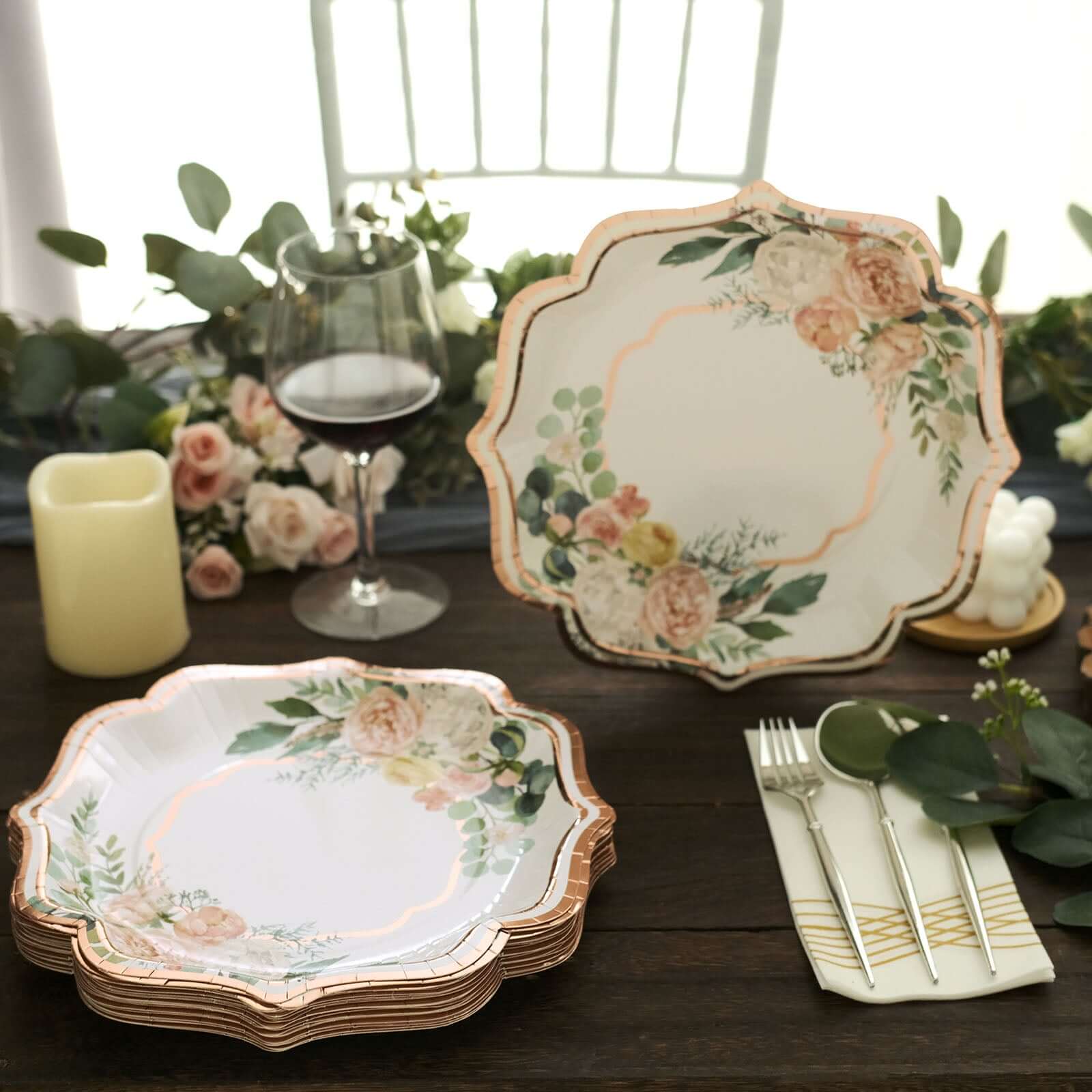 25-Pack Paper Dinner Plates 10" White with Floral Print & Rose Gold Scallop Rim - 300GSM Disposable Party Plates - Image 5