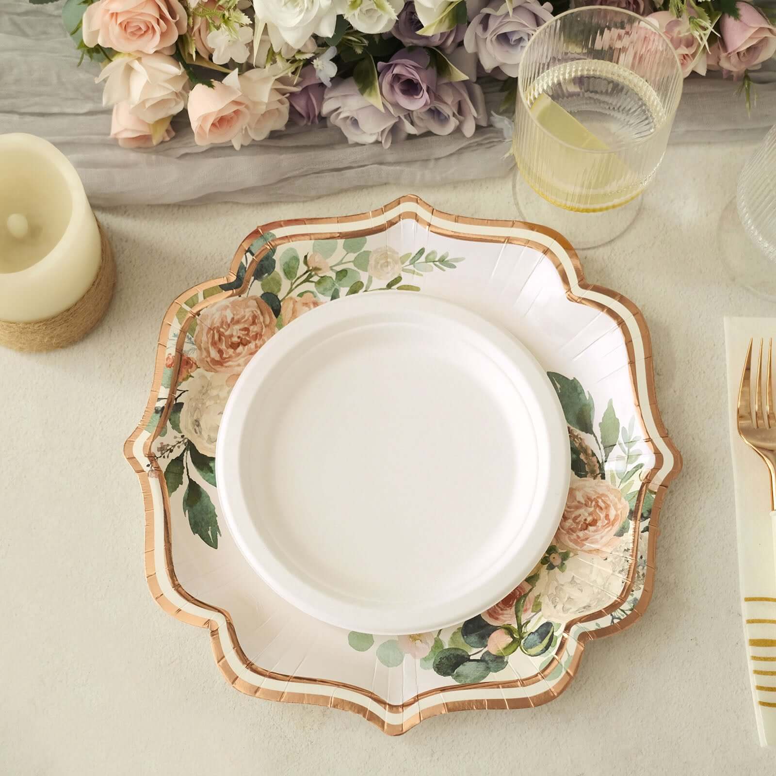 25-Pack Paper Dinner Plates 10" White with Floral Print & Rose Gold Scallop Rim - 300GSM Disposable Party Plates - Image 6