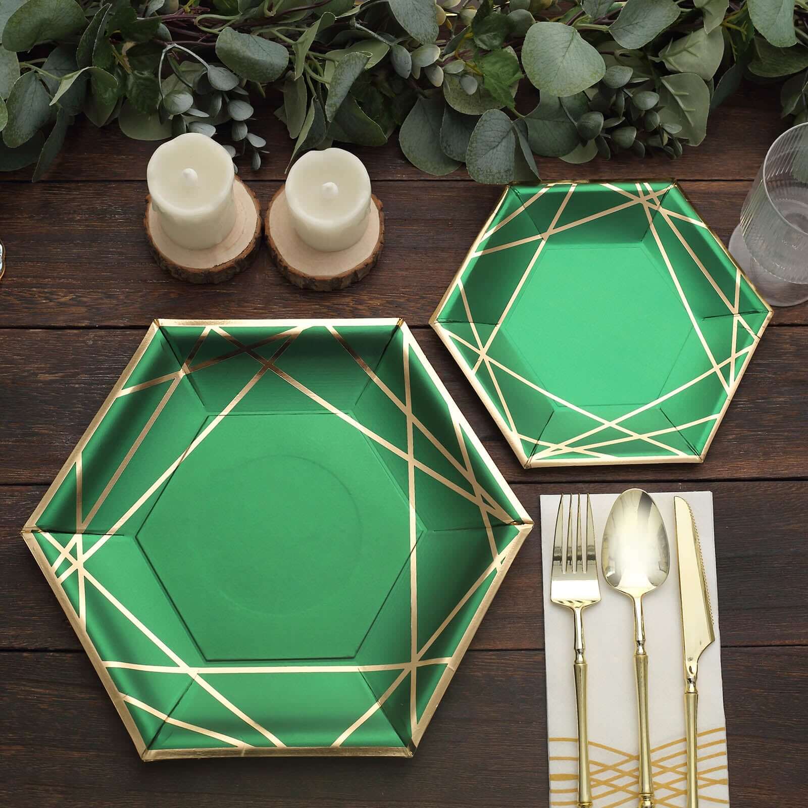 25-Pack Paper Hexagon Dessert Plates 7" Hunter Emerald Green with Gold Geometric Lines & Rim - 300GSM Disposable Geometric Appetizer Salad Plates - Image 12