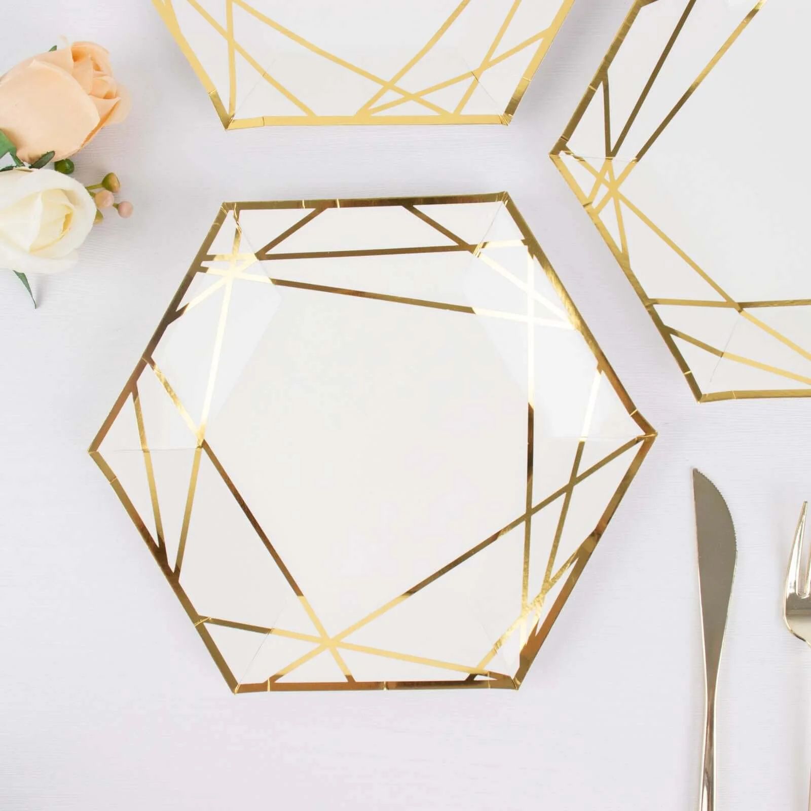 25-Pack Paper Hexagon Dessert Plates 7" White with Gold Geometric Lines & Rim - 300GSM Disposable Geometric Appetizer Salad Plates for Weddings & Cocktail Parties - Image 10
