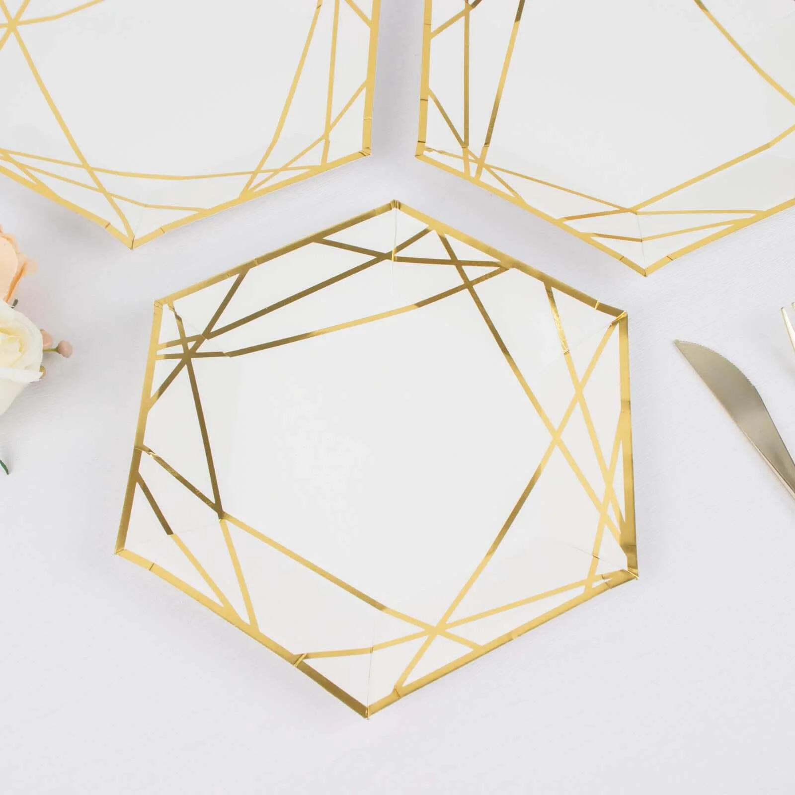 25-Pack Paper Hexagon Dessert Plates 7" White with Gold Geometric Lines & Rim - 300GSM Disposable Geometric Appetizer Salad Plates for Weddings & Cocktail Parties - Image 14