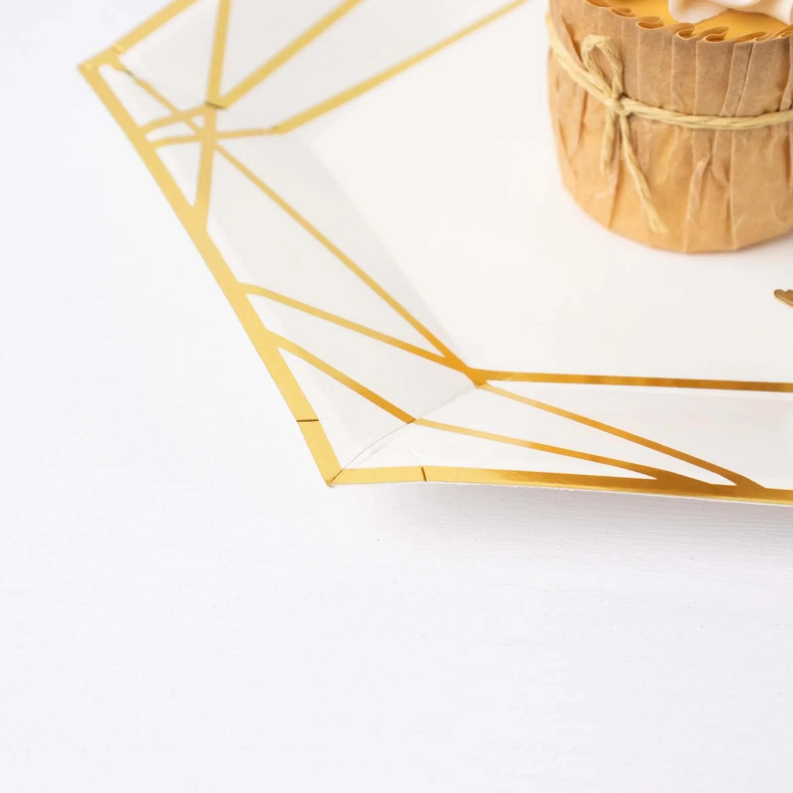 25-Pack Paper Hexagon Dessert Plates 7" White with Gold Geometric Lines & Rim - 300GSM Disposable Geometric Appetizer Salad Plates for Weddings & Cocktail Parties - Image 16