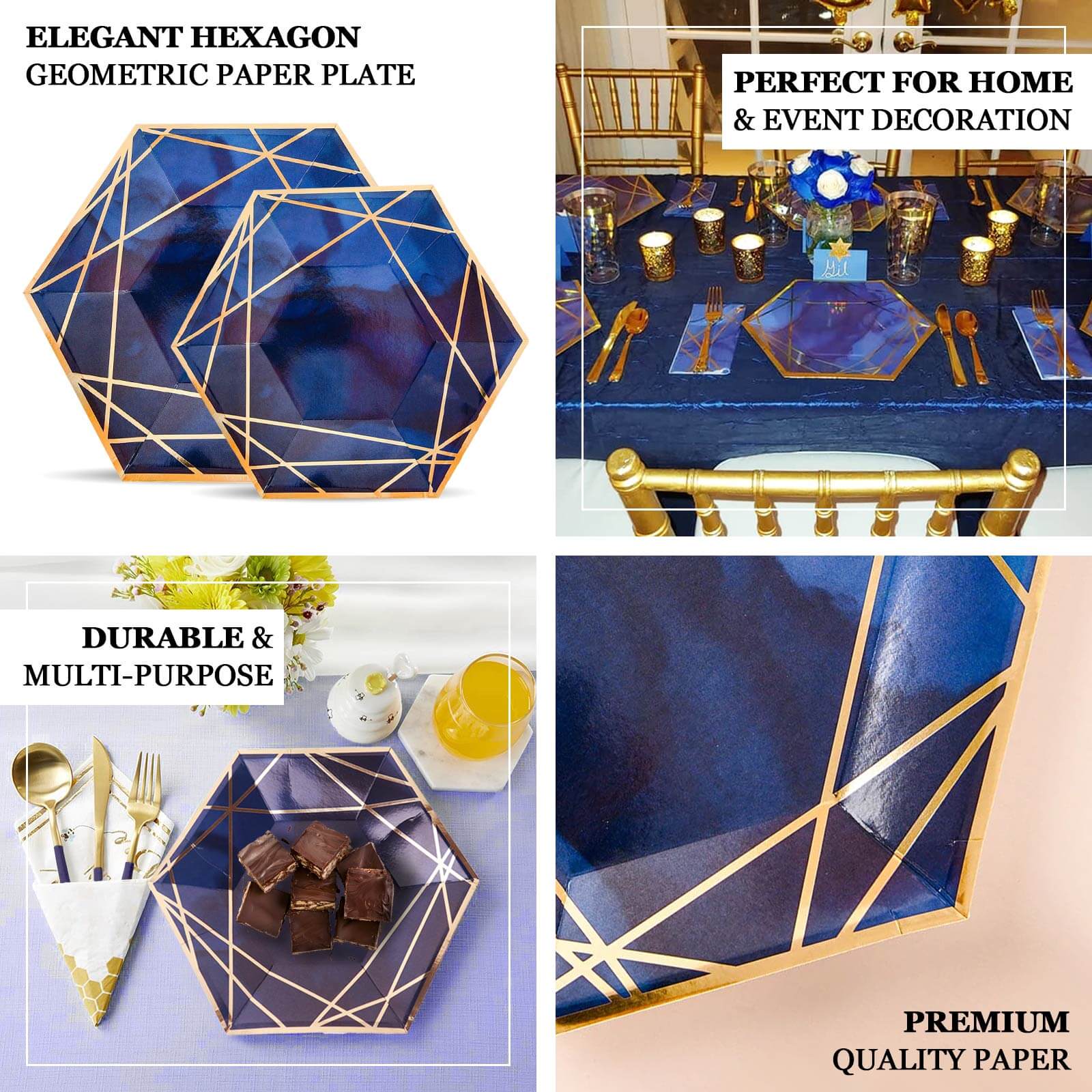 25-Pack Paper Hexagon Dessert Plates 7" White with Gold Geometric Lines & Rim - 300GSM Disposable Geometric Appetizer Salad Plates for Weddings & Cocktail Parties - Image 4