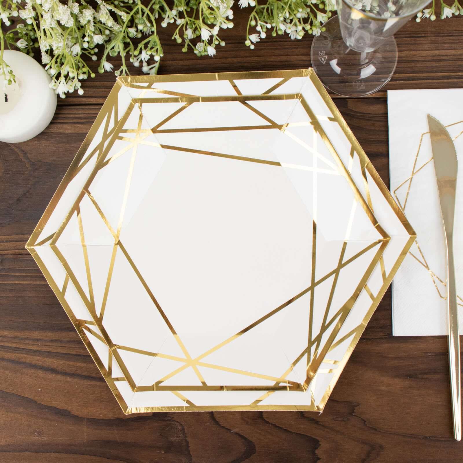 25-Pack Paper Hexagon Dessert Plates 7" White with Gold Geometric Lines & Rim - 300GSM Disposable Geometric Appetizer Salad Plates for Weddings & Cocktail Parties - Image 8