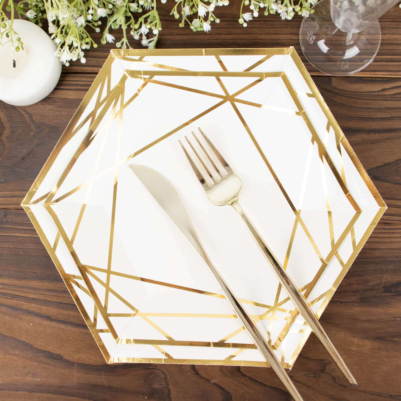 25-Pack Paper Hexagon Dessert Plates 7" White with Gold Geometric Lines & Rim - 300GSM Disposable Geometric Appetizer Salad Plates for Weddings & Cocktail Parties - Image 9
