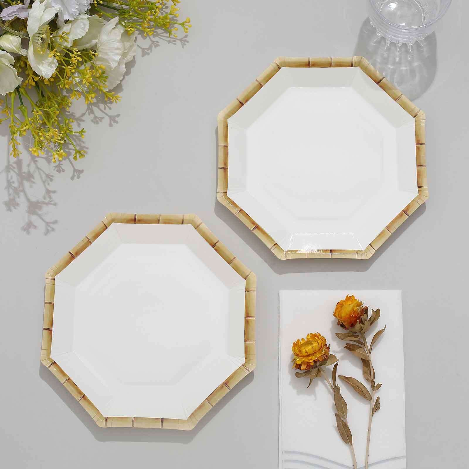 25-Pack Paper Octagonal Dessert Plates 7" White with Bamboo Print Rim - Disposable Geometric Appetizer Salad Plates for Tropical & Beach Themed Celebrations - Image 10
