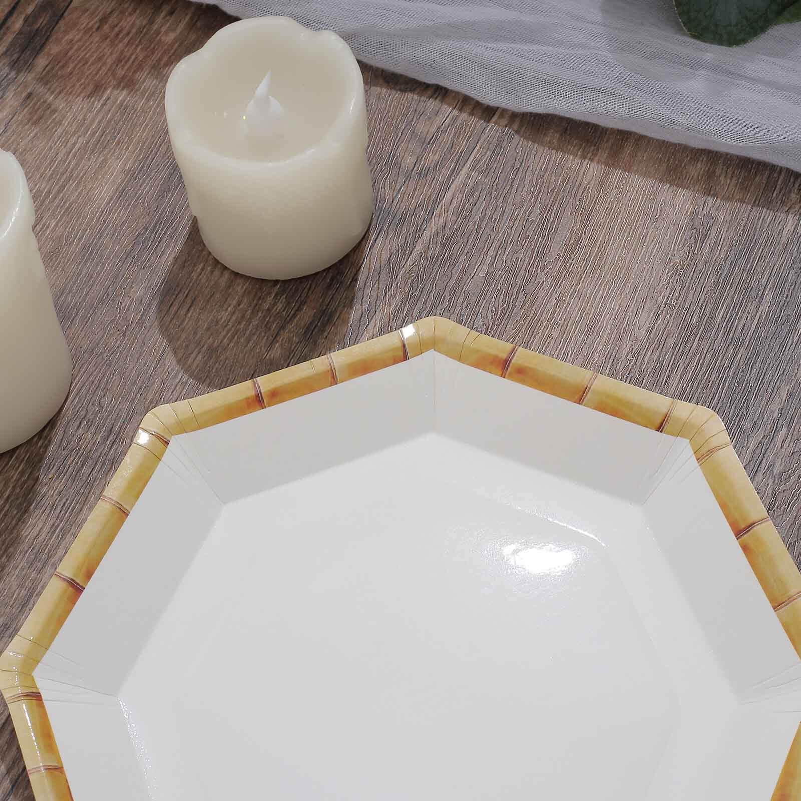 25-Pack Paper Octagonal Dessert Plates 7" White with Bamboo Print Rim - Disposable Geometric Appetizer Salad Plates for Tropical & Beach Themed Celebrations - Image 11