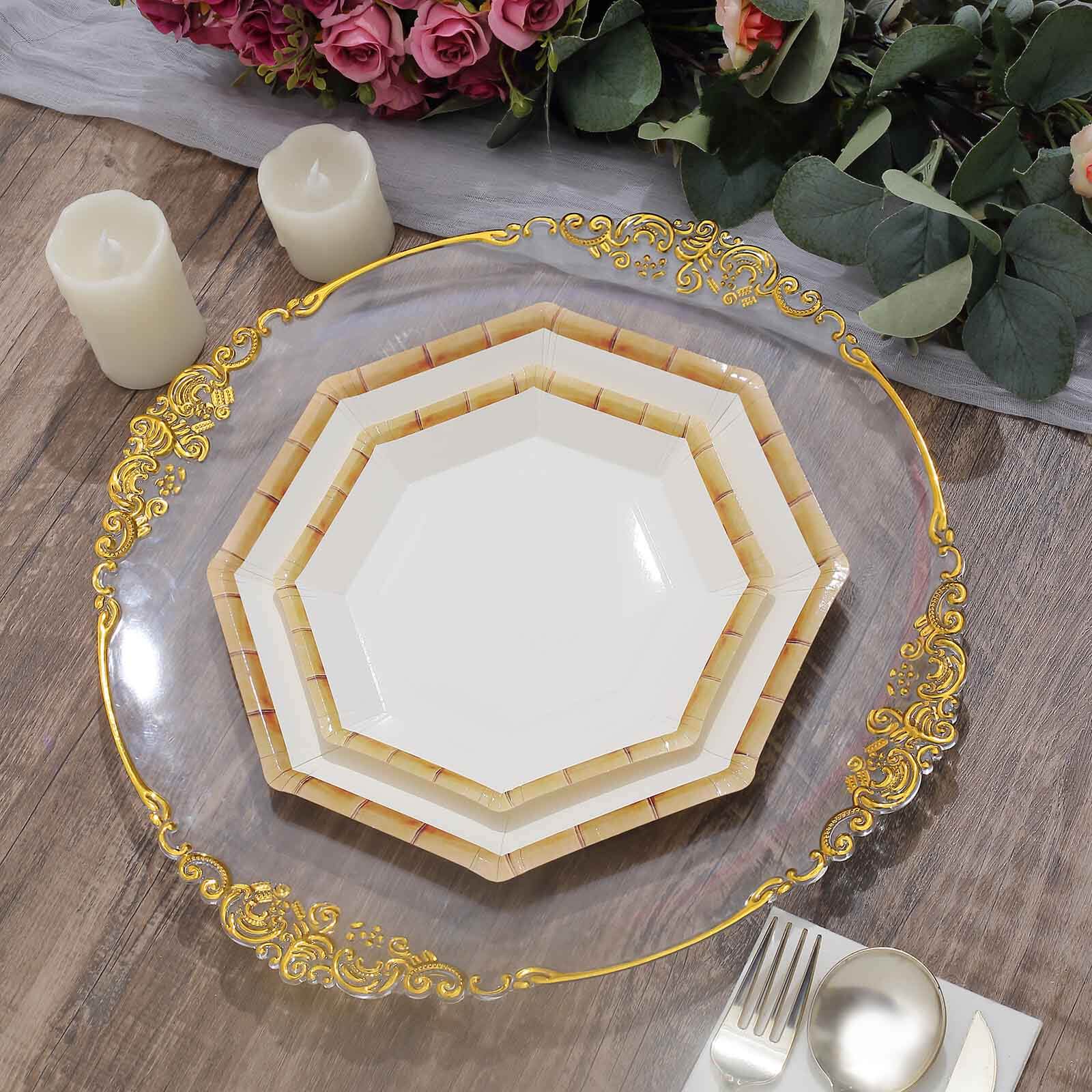 25-Pack Paper Octagonal Dessert Plates 7" White with Bamboo Print Rim - Disposable Geometric Appetizer Salad Plates for Tropical & Beach Themed Celebrations - Image 2
