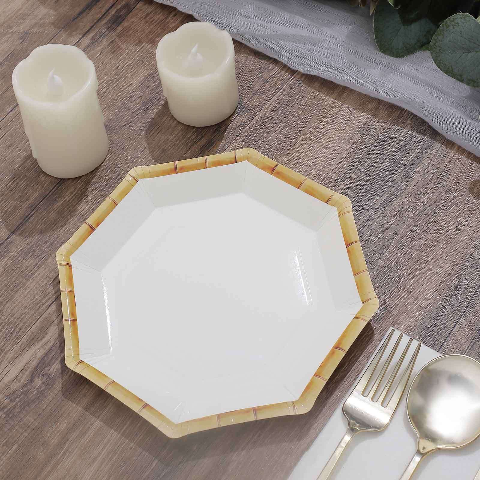 25-Pack Paper Octagonal Dessert Plates 7" White with Bamboo Print Rim - Disposable Geometric Appetizer Salad Plates for Tropical & Beach Themed Celebrations - Image 4