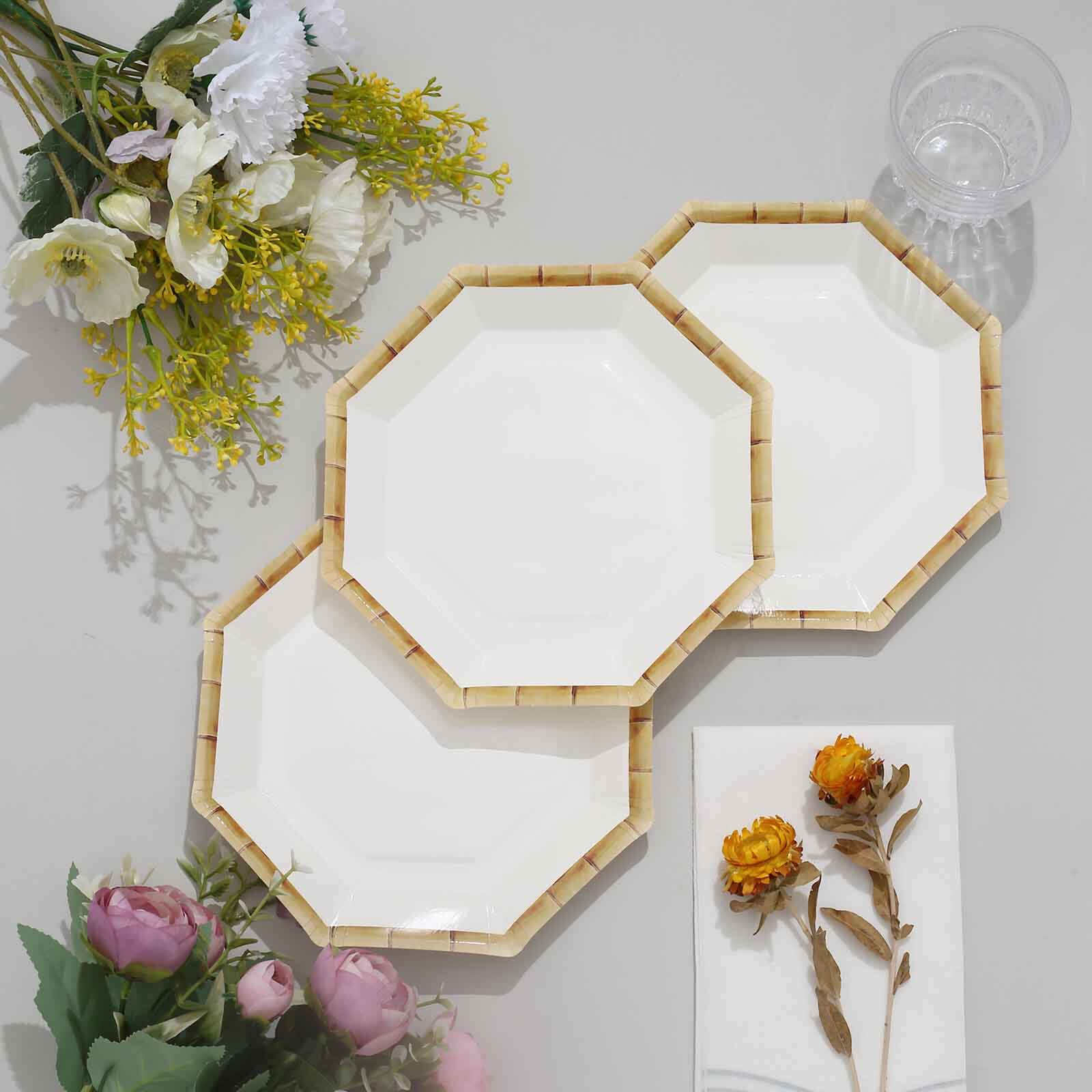 25-Pack Paper Octagonal Dessert Plates 7" White with Bamboo Print Rim - Disposable Geometric Appetizer Salad Plates for Tropical & Beach Themed Celebrations - Image 5