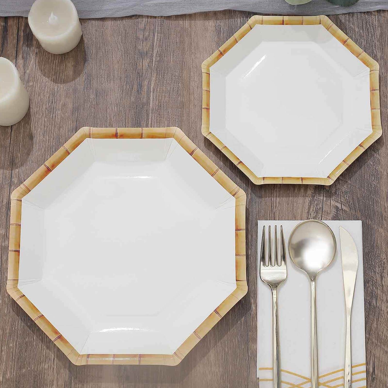 25-Pack Paper Octagonal Dessert Plates 7" White with Bamboo Print Rim - Disposable Geometric Appetizer Salad Plates for Tropical & Beach Themed Celebrations - Image 6