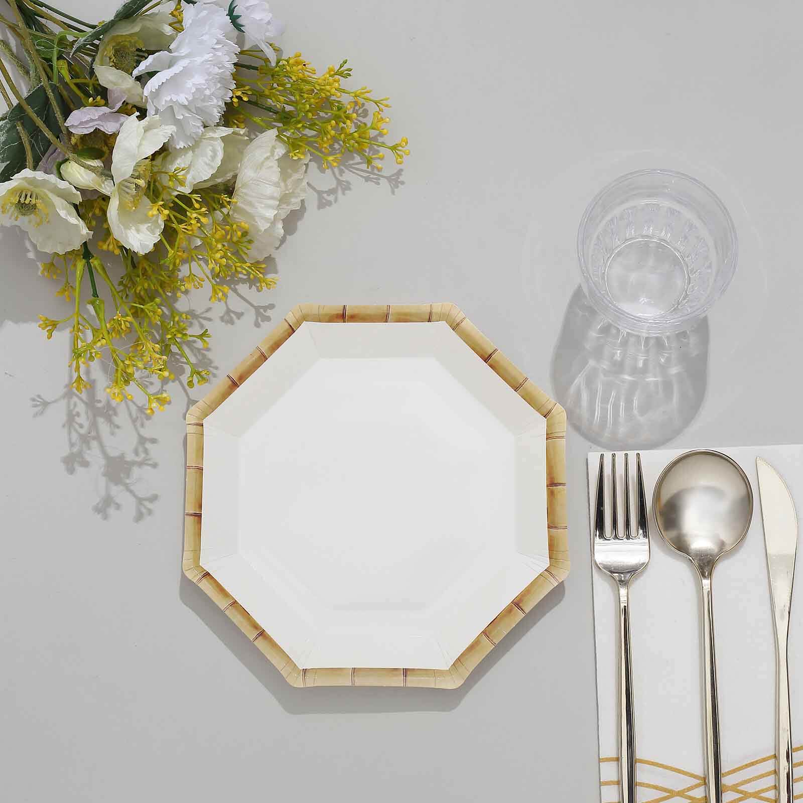 25-Pack Paper Octagonal Dessert Plates 7" White with Bamboo Print Rim - Disposable Geometric Appetizer Salad Plates for Tropical & Beach Themed Celebrations - Image 9