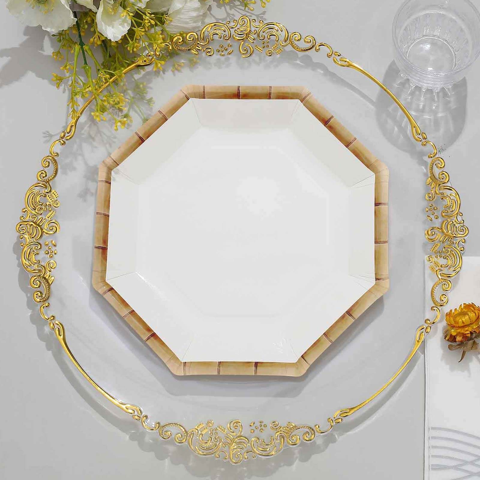 25-Pack Paper Octagonal Dinner Plates 9" White with Bamboo Print Rim - Disposable Geometric Party Plates for Garden Parties & Tropical Themed Events - Image 4