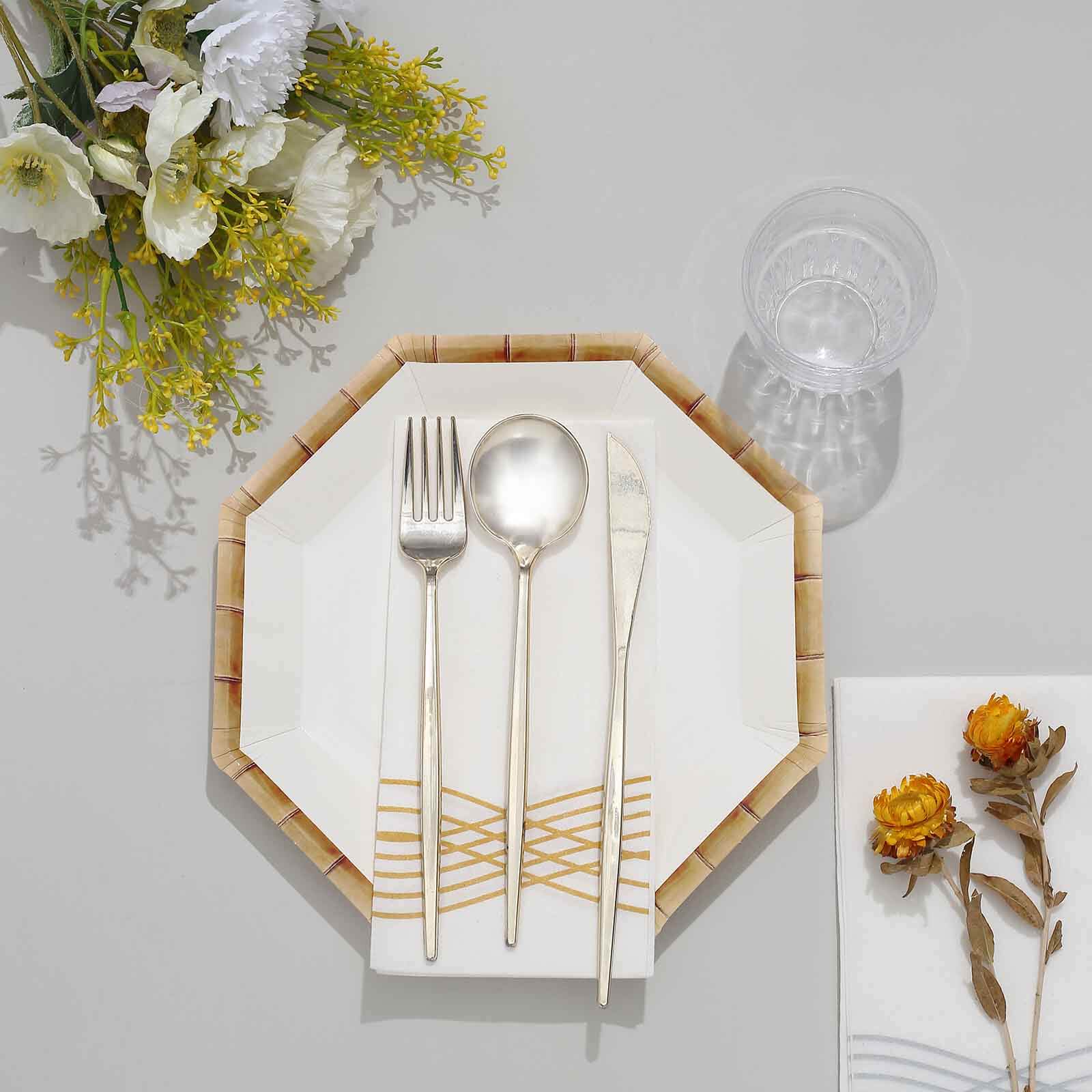 25-Pack Paper Octagonal Dinner Plates 9" White with Bamboo Print Rim - Disposable Geometric Party Plates for Garden Parties & Tropical Themed Events - Image 9