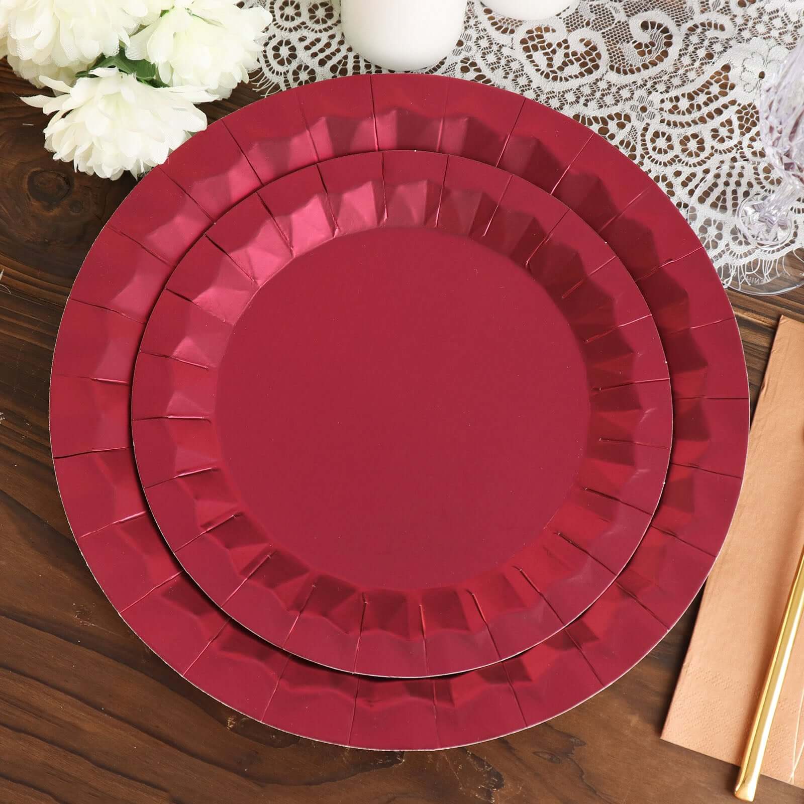25-Pack Paper Round Charger Plates 12" Burgundy with Geometric Prism Design - 400GSM Disposable Serving Trays - Image 13