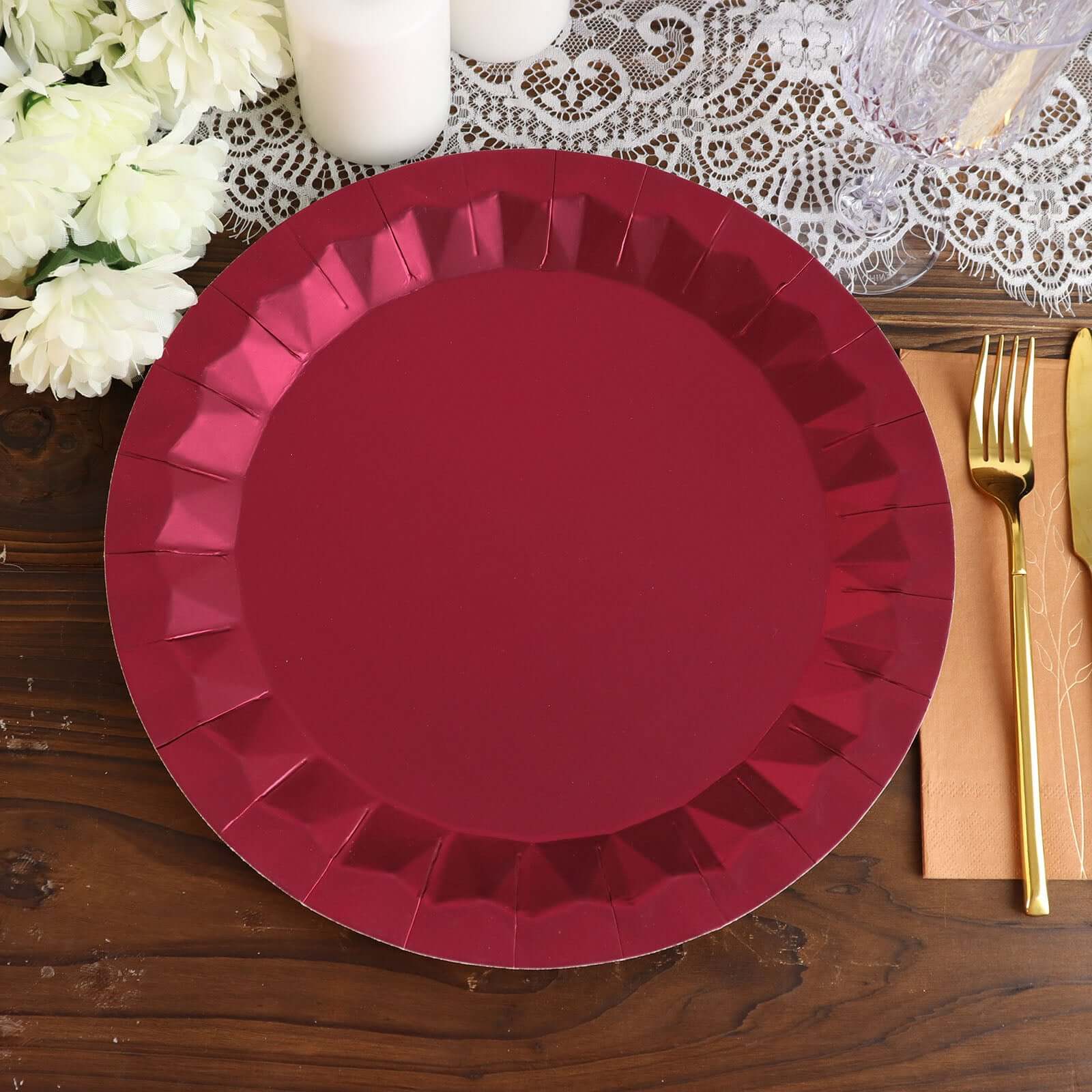 25-Pack Paper Round Charger Plates 12" Burgundy with Geometric Prism Design - 400GSM Disposable Serving Trays - Image 5
