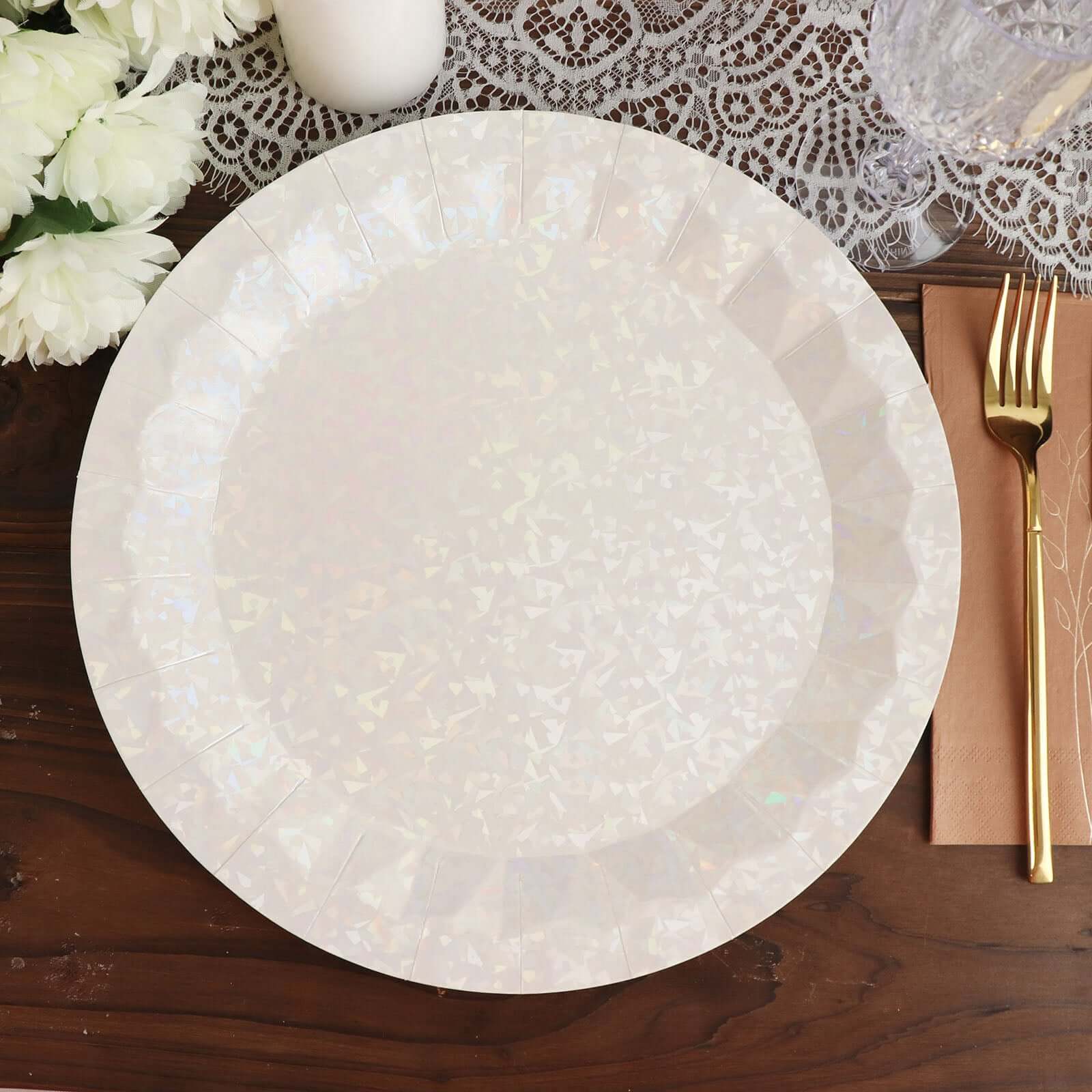 25-Pack Paper Round Charger Plates 12" Iridescent with Geometric Prism Design - 400GSM Disposable Serving Trays - Image 5