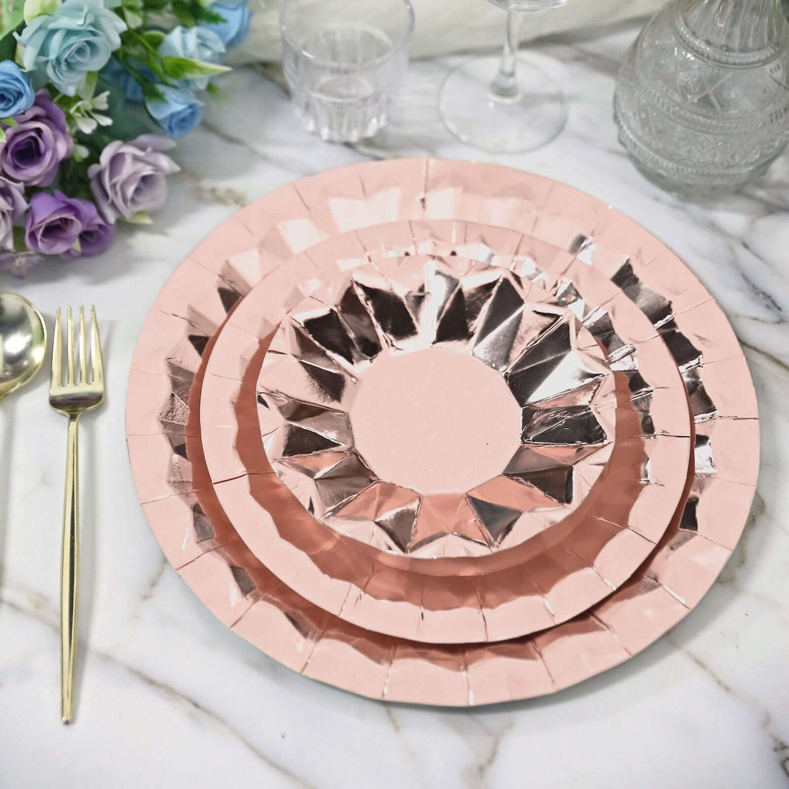 25-Pack Paper Round Charger Plates 12" Metallic Rose Gold with Geometric Prism Design - 400GSM Disposable Serving Trays - Image 10