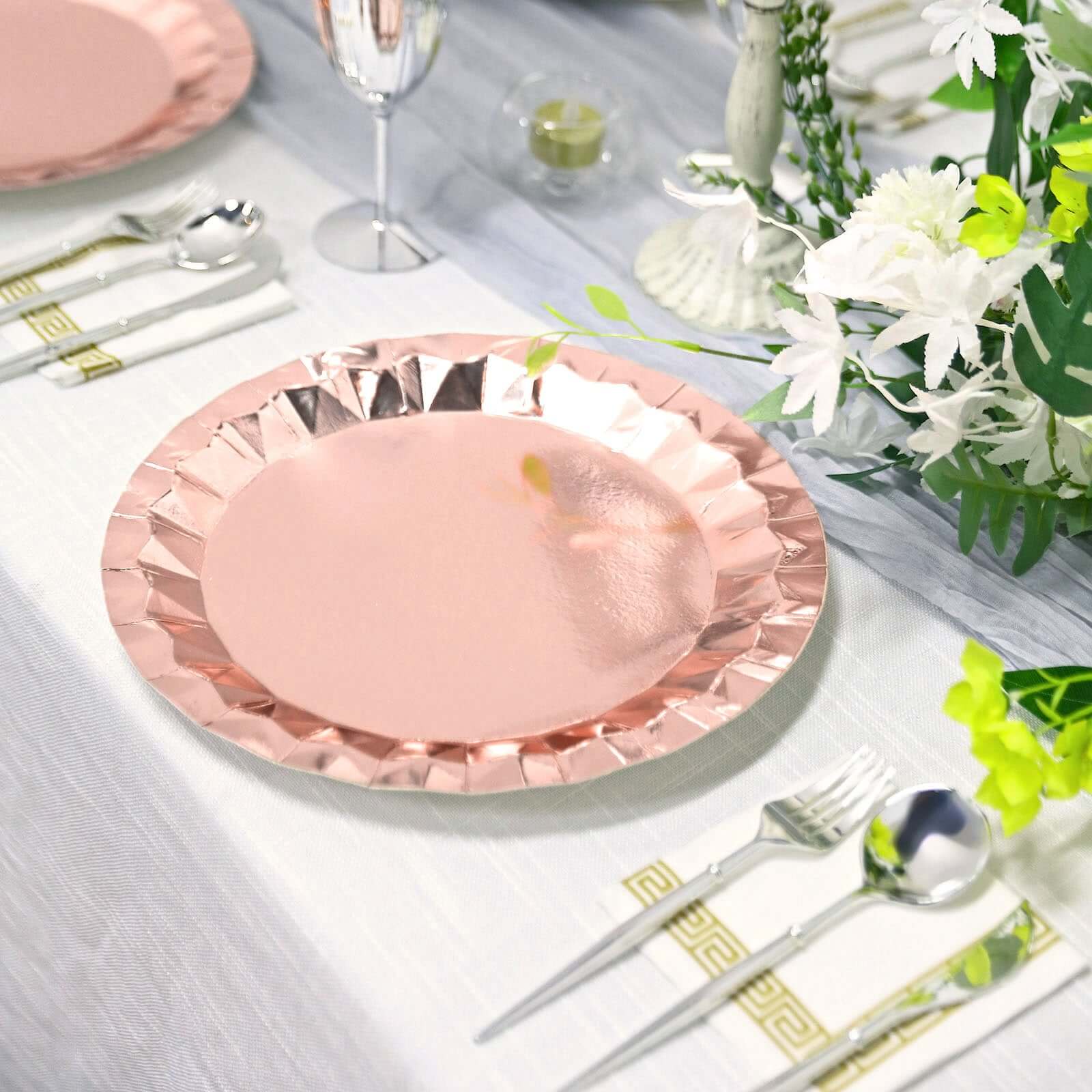 25-Pack Paper Round Charger Plates 12" Metallic Rose Gold with Geometric Prism Design - 400GSM Disposable Serving Trays - Image 2