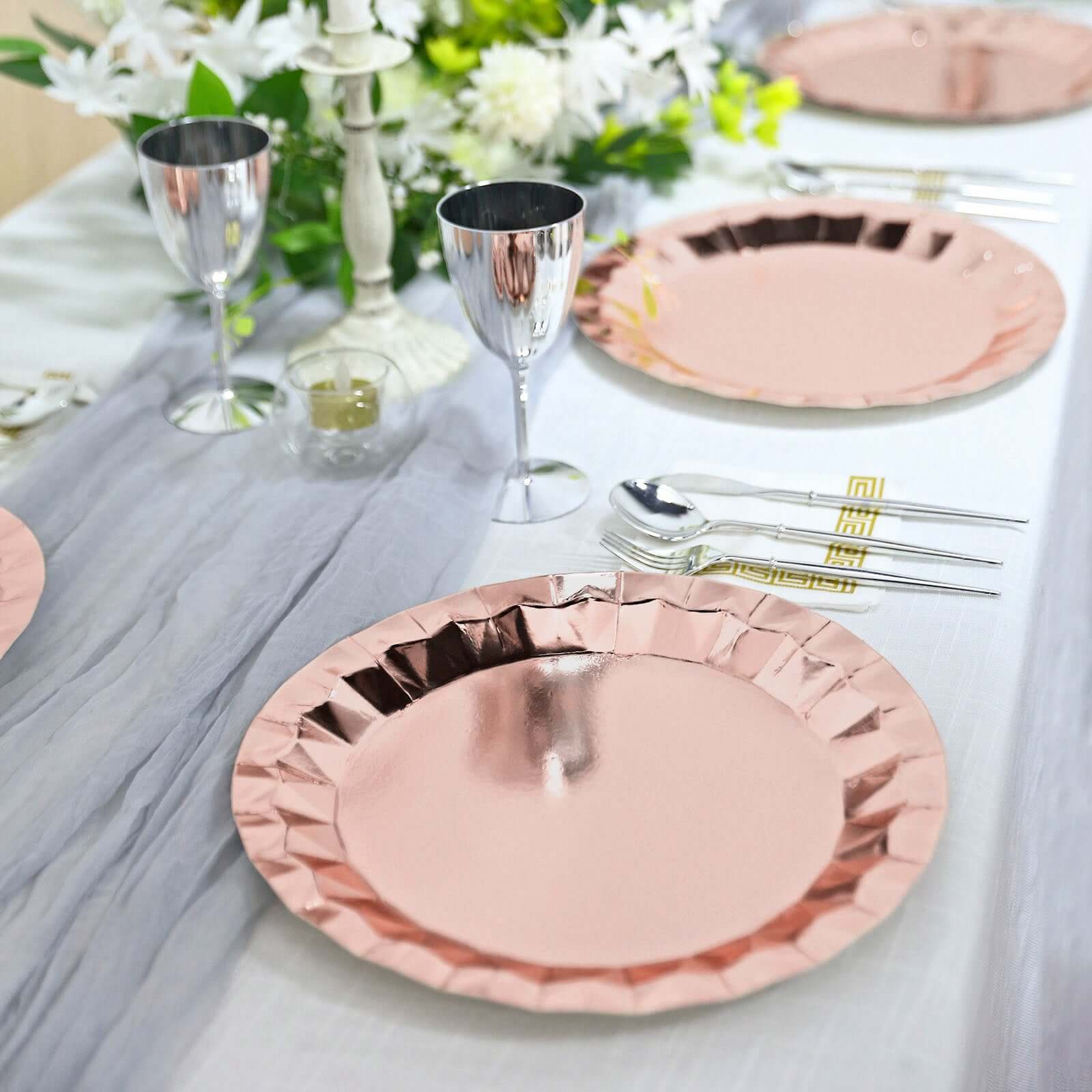 25-Pack Paper Round Charger Plates 12" Metallic Rose Gold with Geometric Prism Design - 400GSM Disposable Serving Trays - Image 6