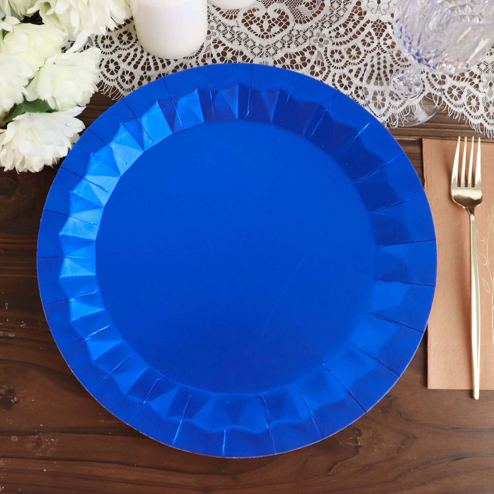 25-Pack Paper Round Charger Plates 12" Royal Blue with Geometric Prism Design - 400GSM Disposable Serving Trays - Image 5