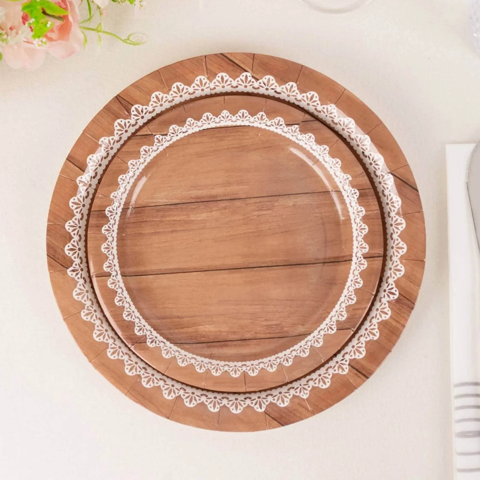 25-Pack Paper Round Dessert Plates 7" Brown Wood Grain Print with White Floral Lace Rim - Rustic Farmhouse Style Disposable Appetizer Salad Plates