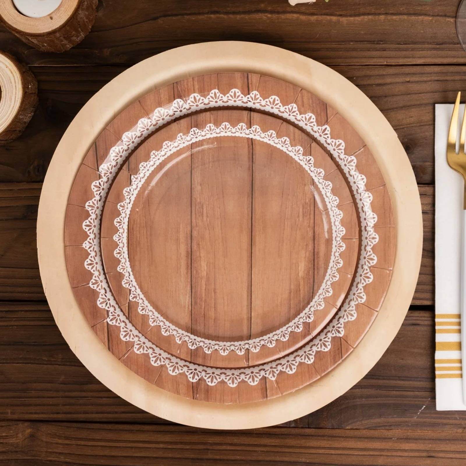 25-Pack Paper Round Dessert Plates 7" Brown Wood Grain Print with White Floral Lace Rim - Rustic Farmhouse Style Disposable Appetizer Salad Plates - Image 2