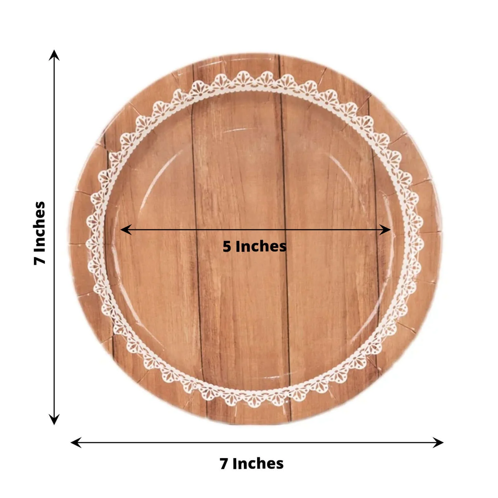 25-Pack Paper Round Dessert Plates 7" Brown Wood Grain Print with White Floral Lace Rim - Rustic Farmhouse Style Disposable Appetizer Salad Plates - Image 3