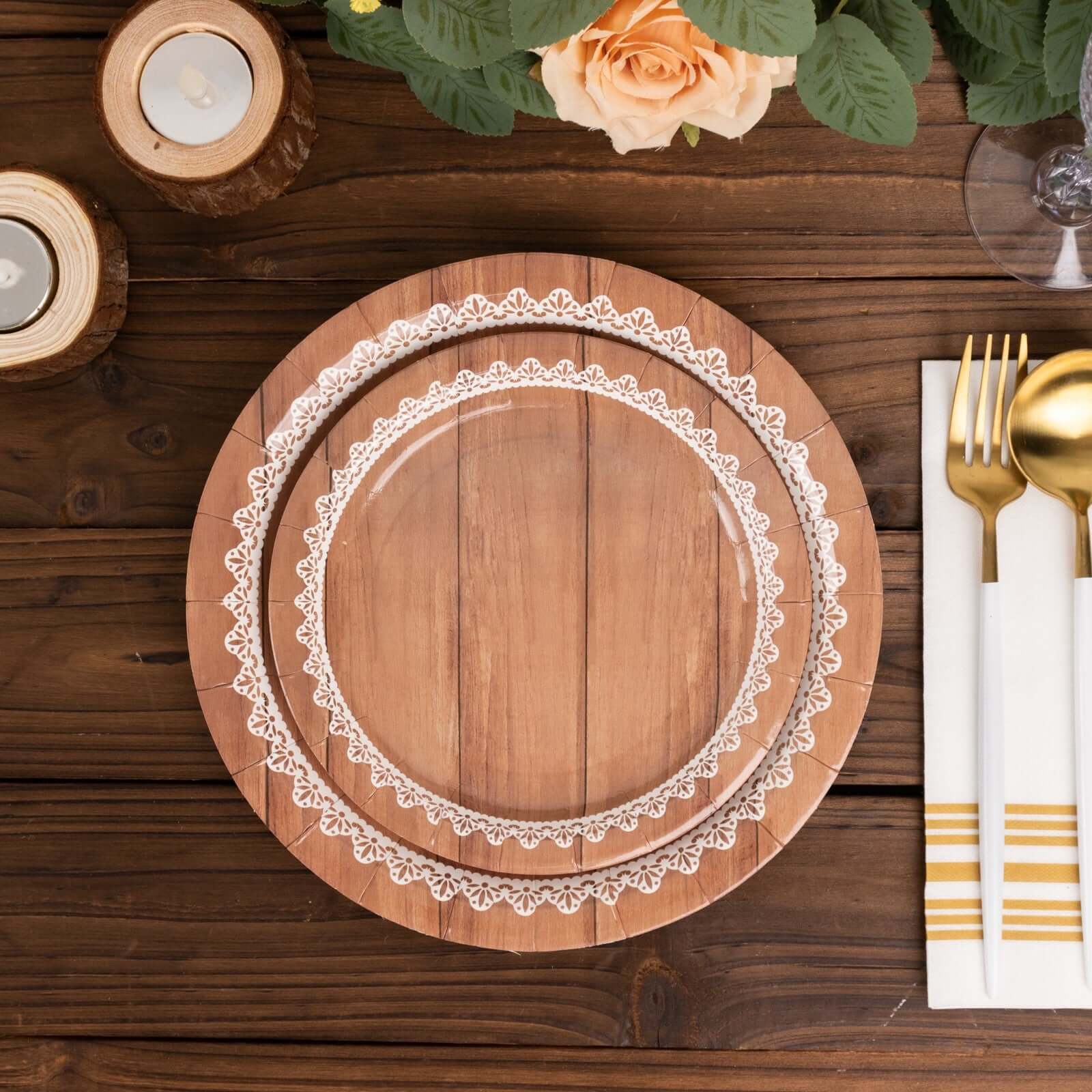 25-Pack Paper Round Dessert Plates 7" Brown Wood Grain Print with White Floral Lace Rim - Rustic Farmhouse Style Disposable Appetizer Salad Plates - Image 4