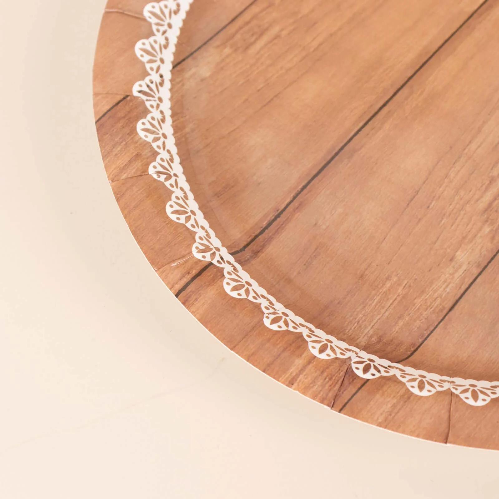 25-Pack Paper Round Dessert Plates 7" Brown Wood Grain Print with White Floral Lace Rim - Rustic Farmhouse Style Disposable Appetizer Salad Plates - Image 7