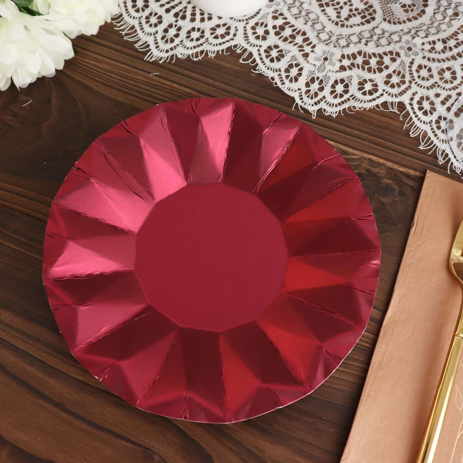 25-Pack Paper Round Dessert Plates 7" Burgundy with Geometric Prism Rim - 400GSM Disposable Appetizer Salad Plates - Image 14