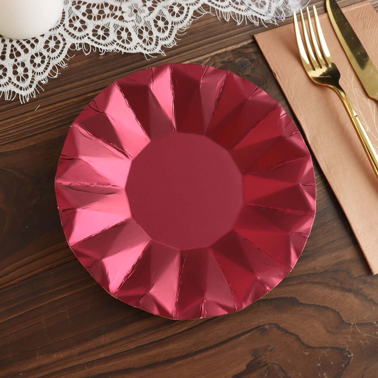 25-Pack Paper Round Dessert Plates 7" Burgundy with Geometric Prism Rim - 400GSM Disposable Appetizer Salad Plates - Image 15