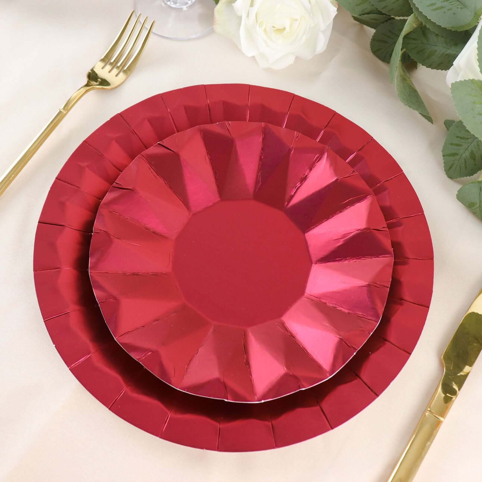 25-Pack Paper Round Dessert Plates 7" Burgundy with Geometric Prism Rim - 400GSM Disposable Appetizer Salad Plates - Image 9
