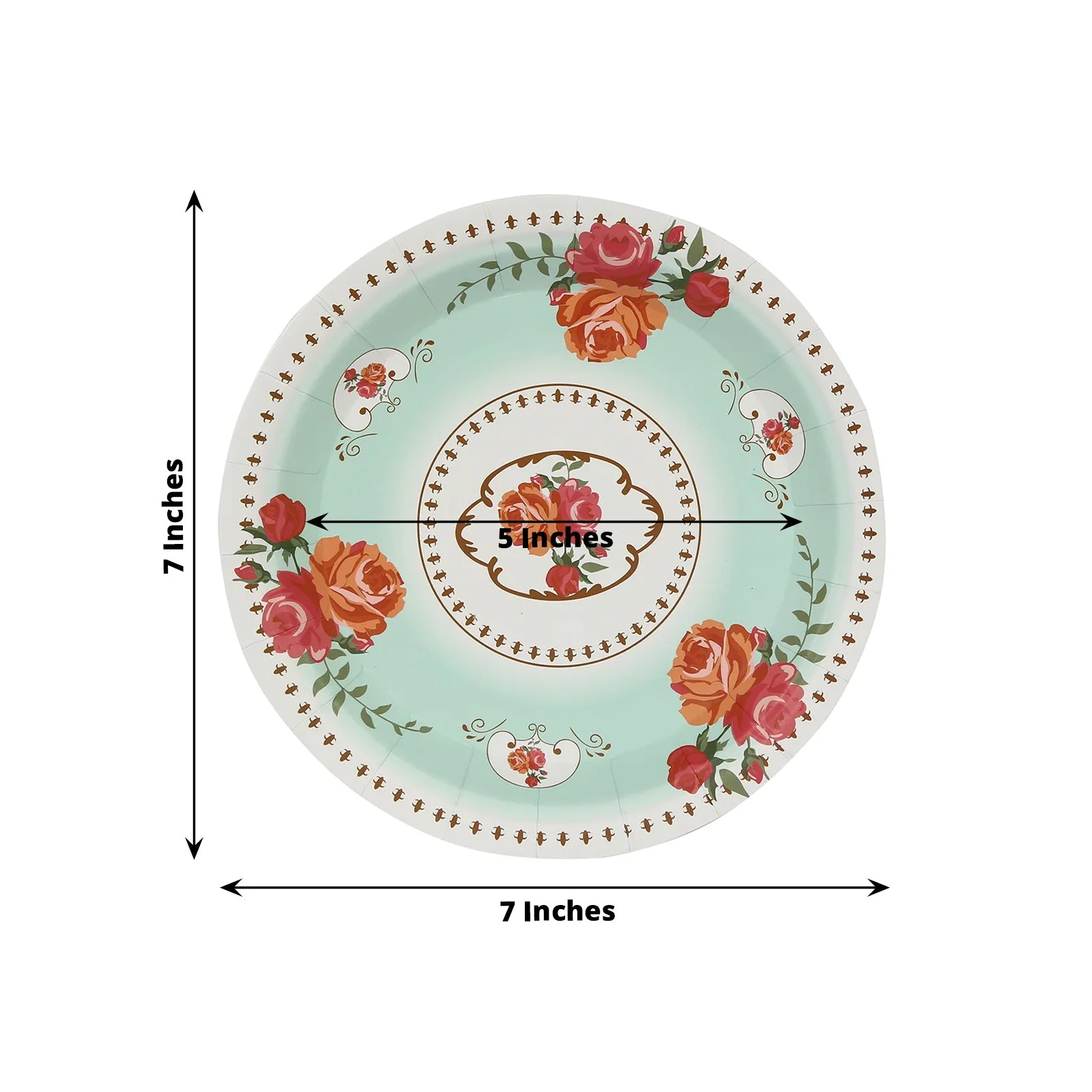 25-Pack Paper Round Dessert Plates 7" Light Turquoise with Vintage Rose Flower Print - Disposable Appetizer Salad Plates for High Tea Gatherings & Romantic Celebrations - Image 2