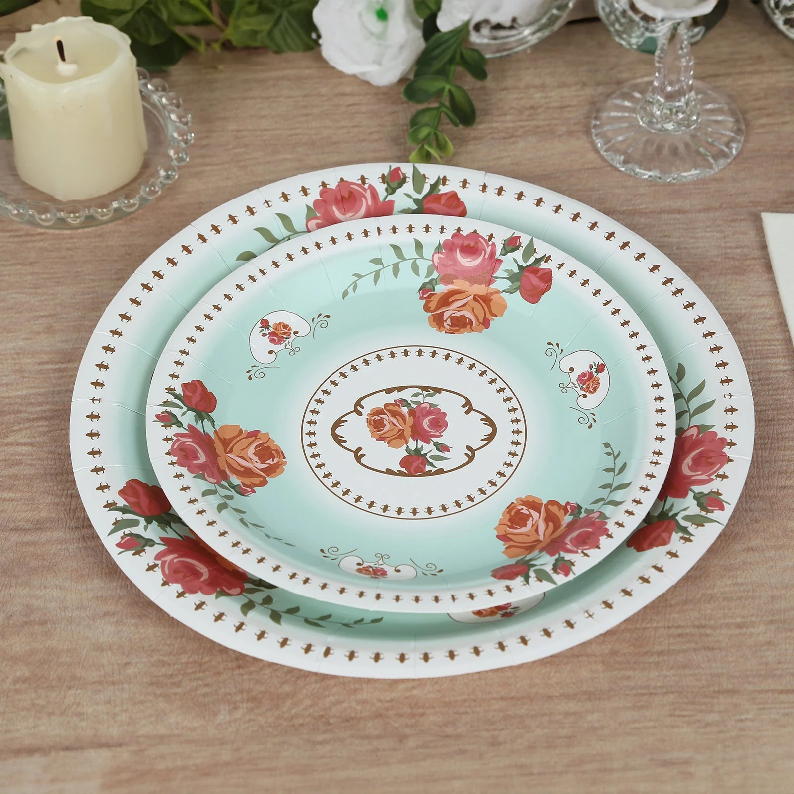 25-Pack Paper Round Dessert Plates 7" Light Turquoise with Vintage Rose Flower Print - Disposable Appetizer Salad Plates for High Tea Gatherings & Romantic Celebrations - Image 3