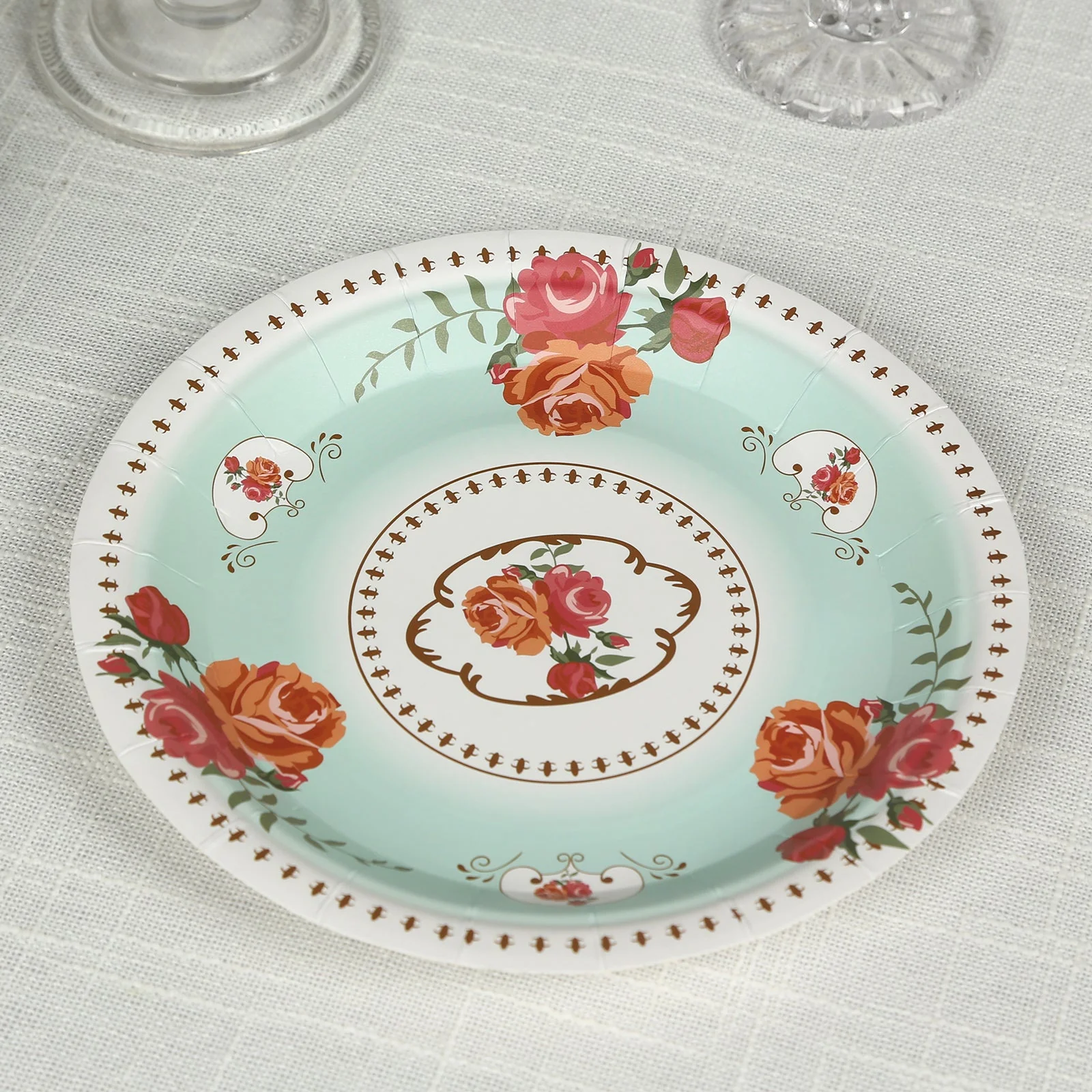 25-Pack Paper Round Dessert Plates 7" Light Turquoise with Vintage Rose Flower Print - Disposable Appetizer Salad Plates for High Tea Gatherings & Romantic Celebrations - Image 4